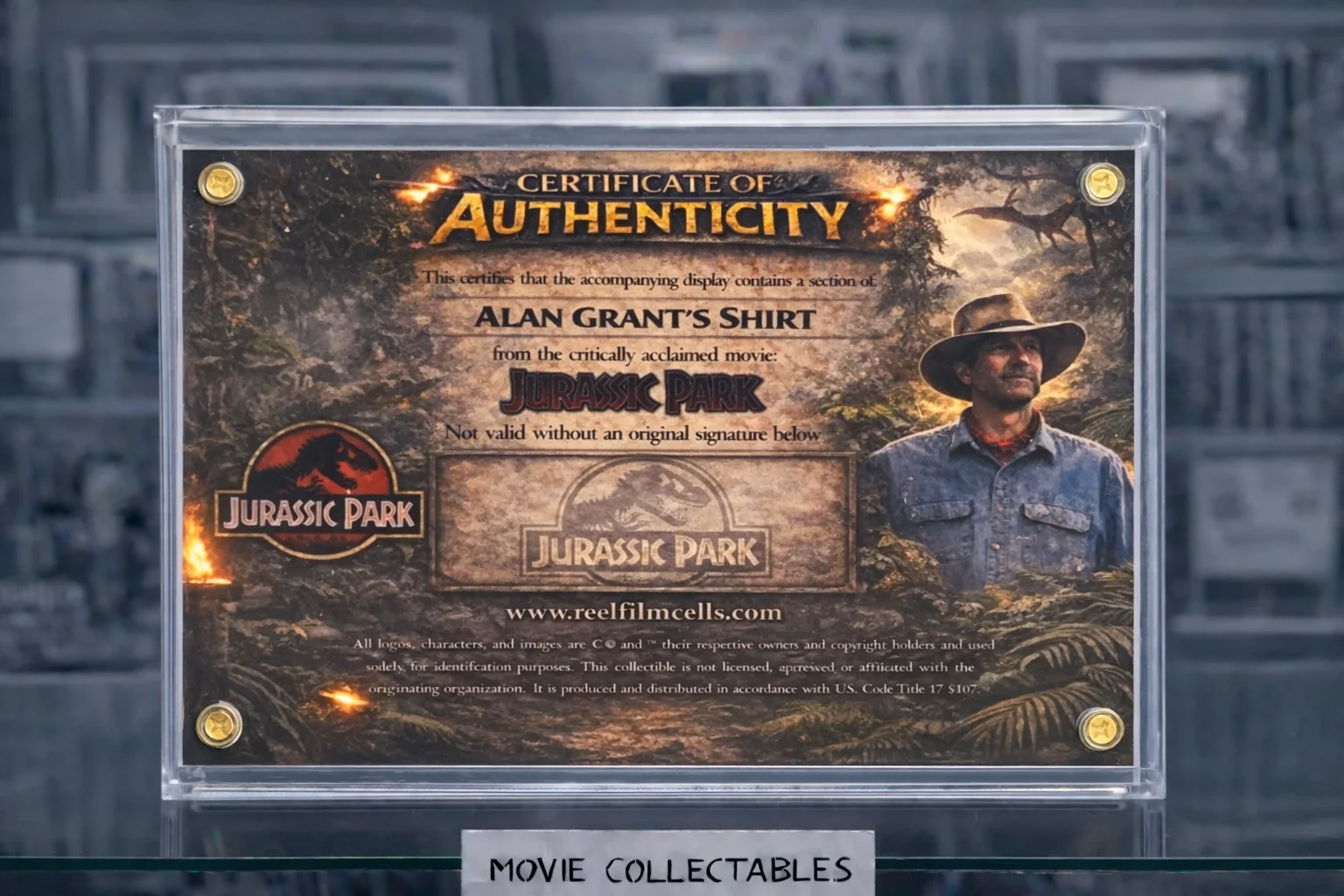Screen-Used Dr Alan Grant Shirt Swatch – Jurassic Park Movie Prop Display – COA, image 2