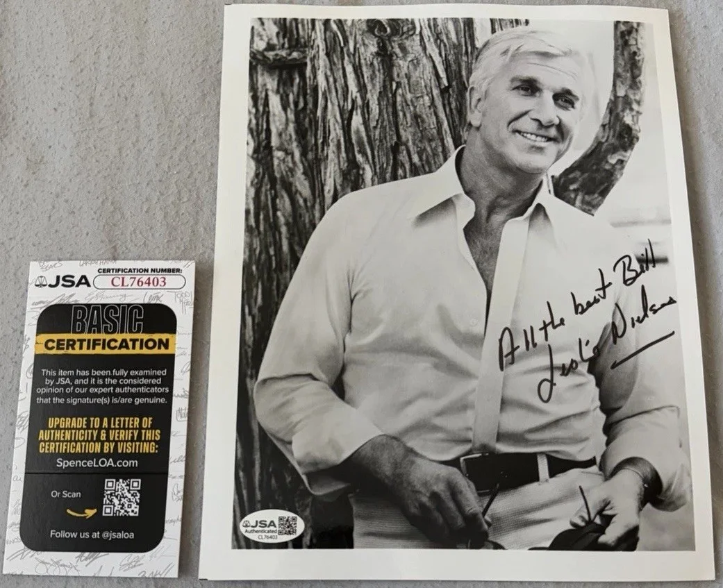 Leslie Nielsen — Leslie Nielsen d.2010 Signed 8X10 Photo The Naked Gun Lt Frank Drebin w/ JSA COA