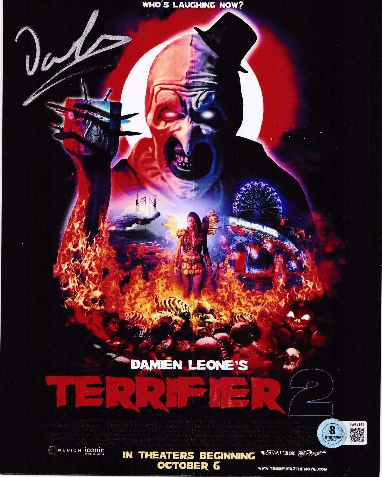 Damien Leone — Damien Leone Signed Terrifier Art the Clown 8x10 Photo w/Beckett BAS BW54191