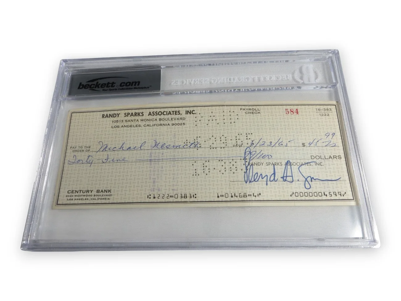 Michael Nesmith Signed Autograph Bank Check The Monkees 1965 Beckett Slabbed 659, image 4