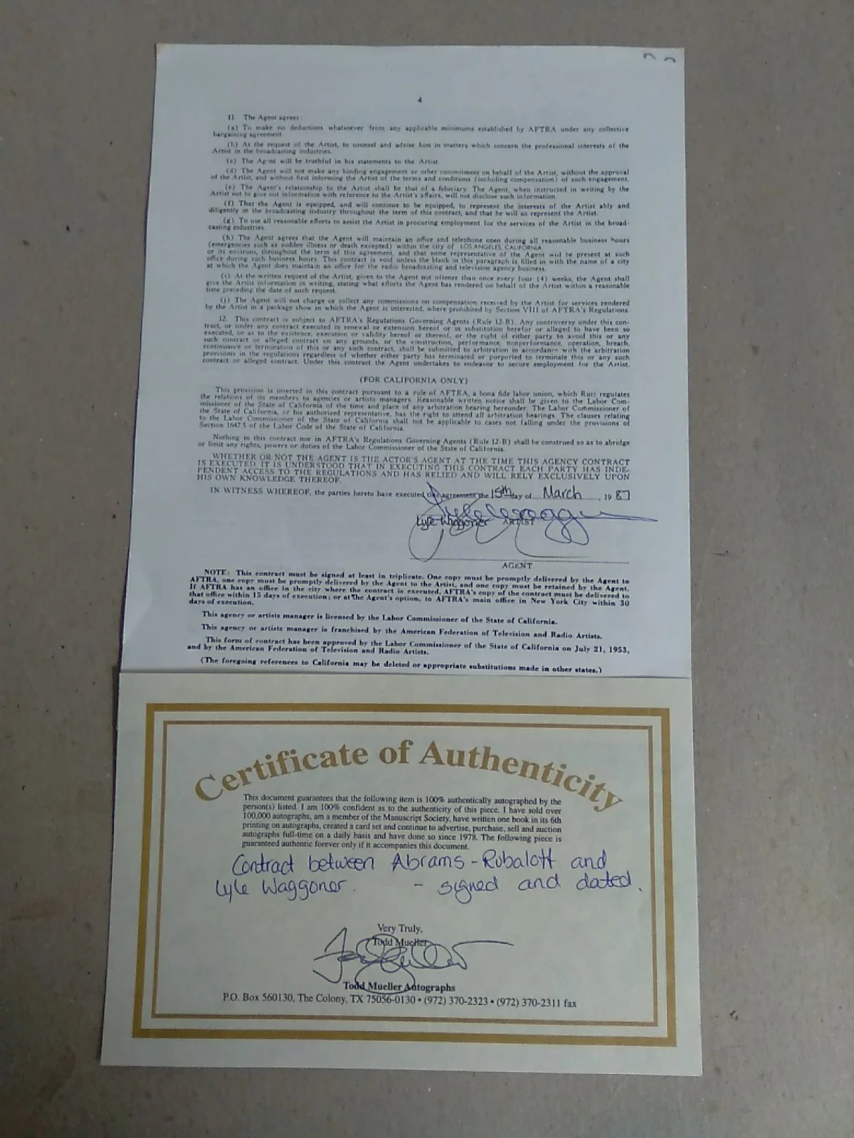 1987 Lyle Wesley Waggoner Signed 3 Years Contract W/Certificate Of Authenticity, изображение 2