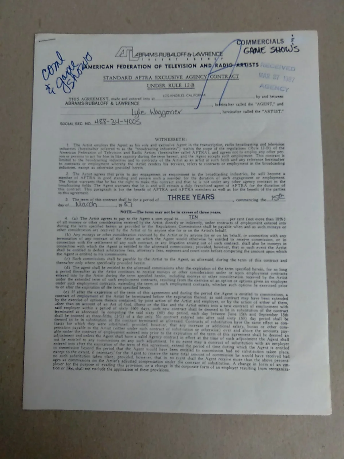1987 Lyle Wesley Waggoner Signed 3 Years Contract W/Certificate Of Authenticity, изображение 3