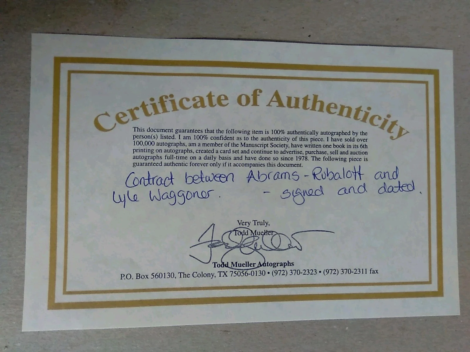 1987 Lyle Wesley Waggoner Signed 3 Years Contract W/Certificate Of Authenticity, изображение 4