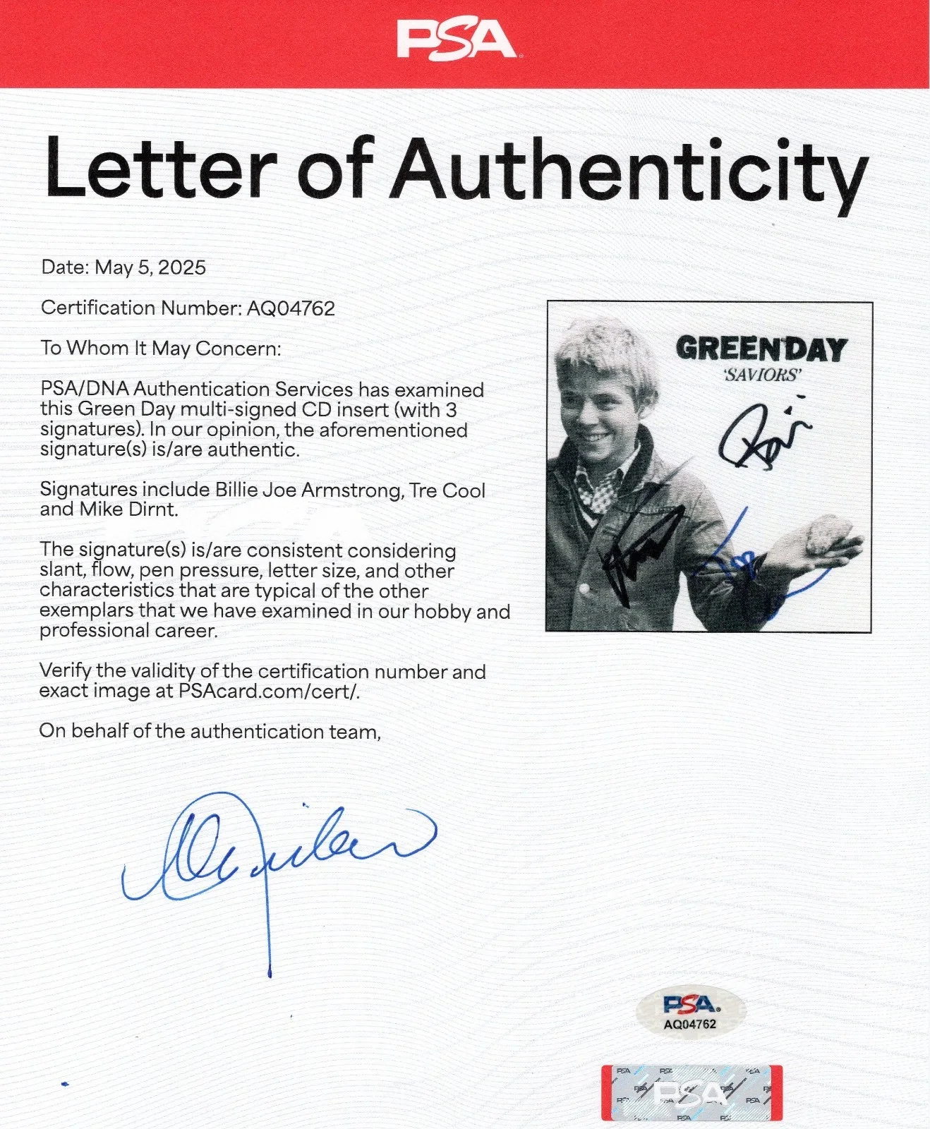 Billie Joe Armstrong Tre & Mike Green Day Saviors Signed CD Photo Insert PSA LOA, image 2