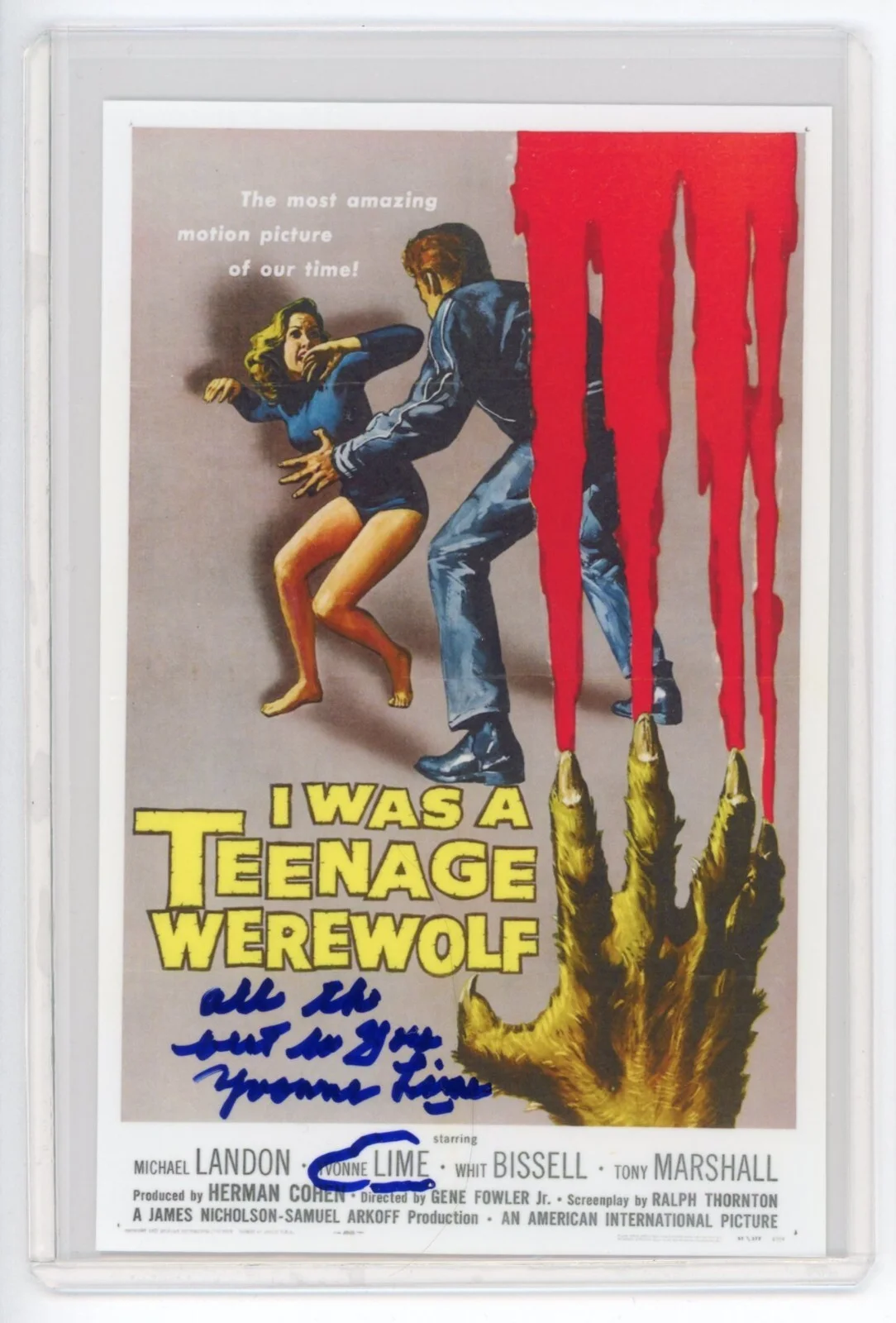 Yvonne Lime — Yvonne Lime Signed Photo - I was a Teenage Werewolf Mini Poster Actress Auto