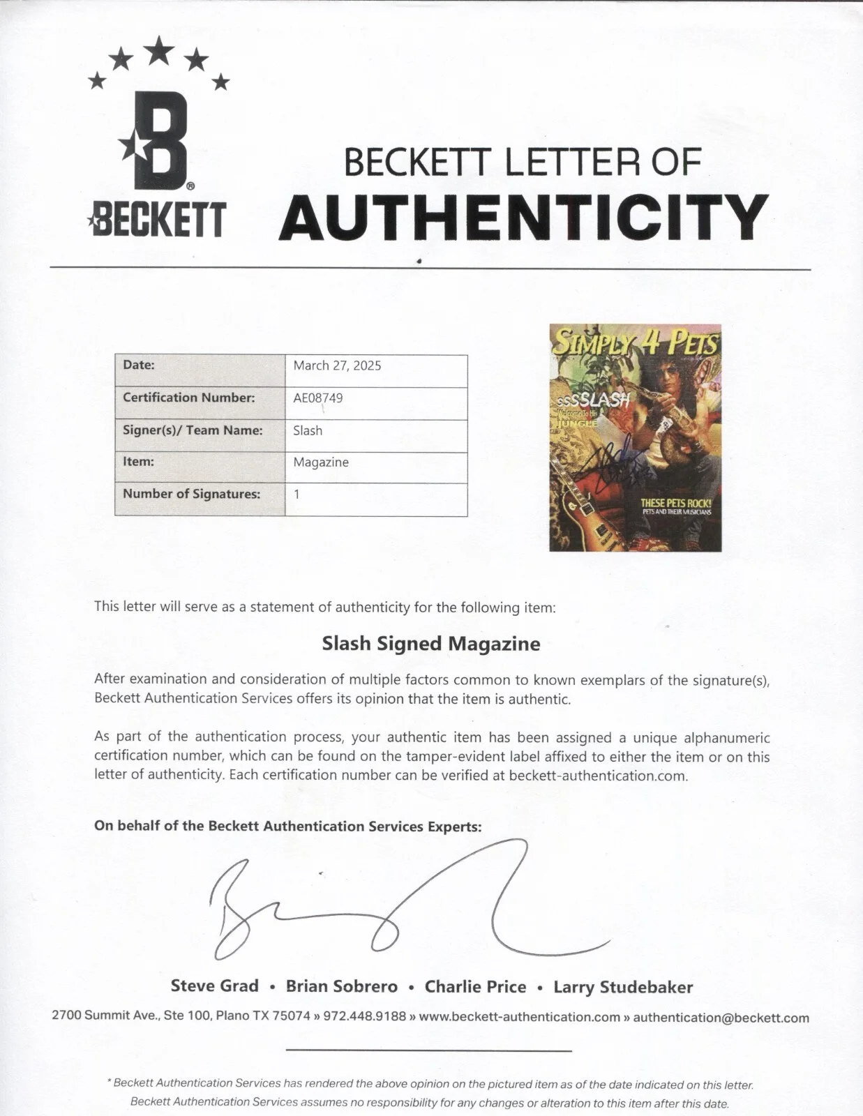 SLASH GUNS N' ROSES SIGNED 2002 SIMPLY 4 PETS MAGAZINE SNAKE BECKETT BAS LOA COA, изображение 2