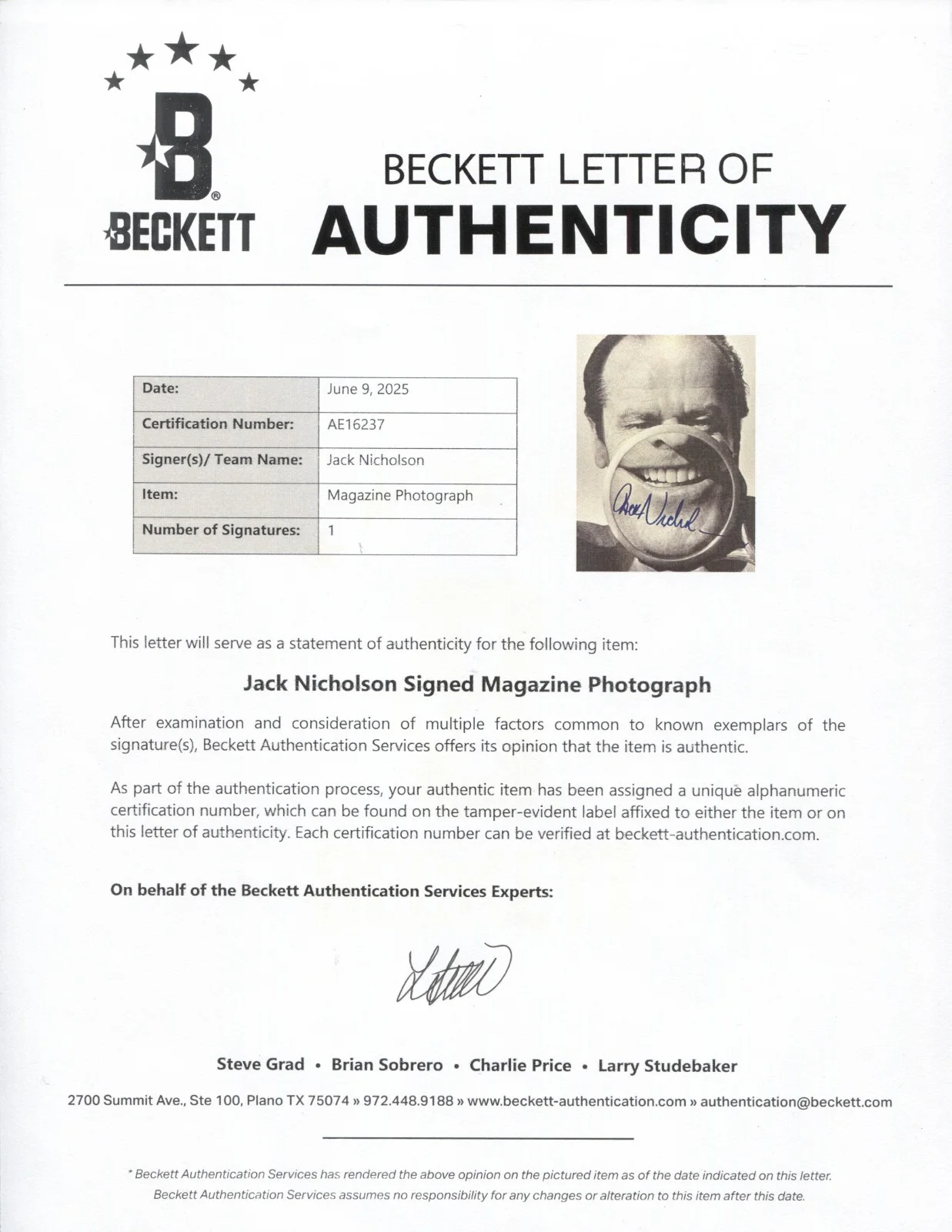 Jack Nicholson — JACK NICHOLSON SIGNED 11X14 BOOK PAGE PHOTO LEGENDARY ACTOR BECKETT BAS LOA COA, image 2