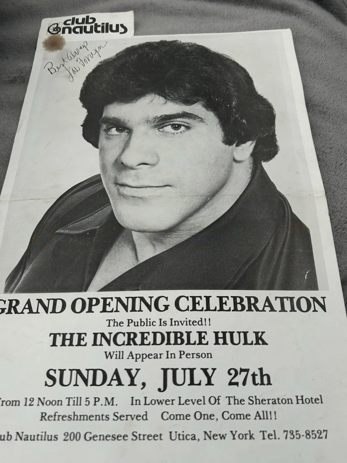 Lou Ferrigno — Lou Ferrigno Signed Club Nautilus Grand Opening Poster Utica NY 1985 The Hulk, изображение 5