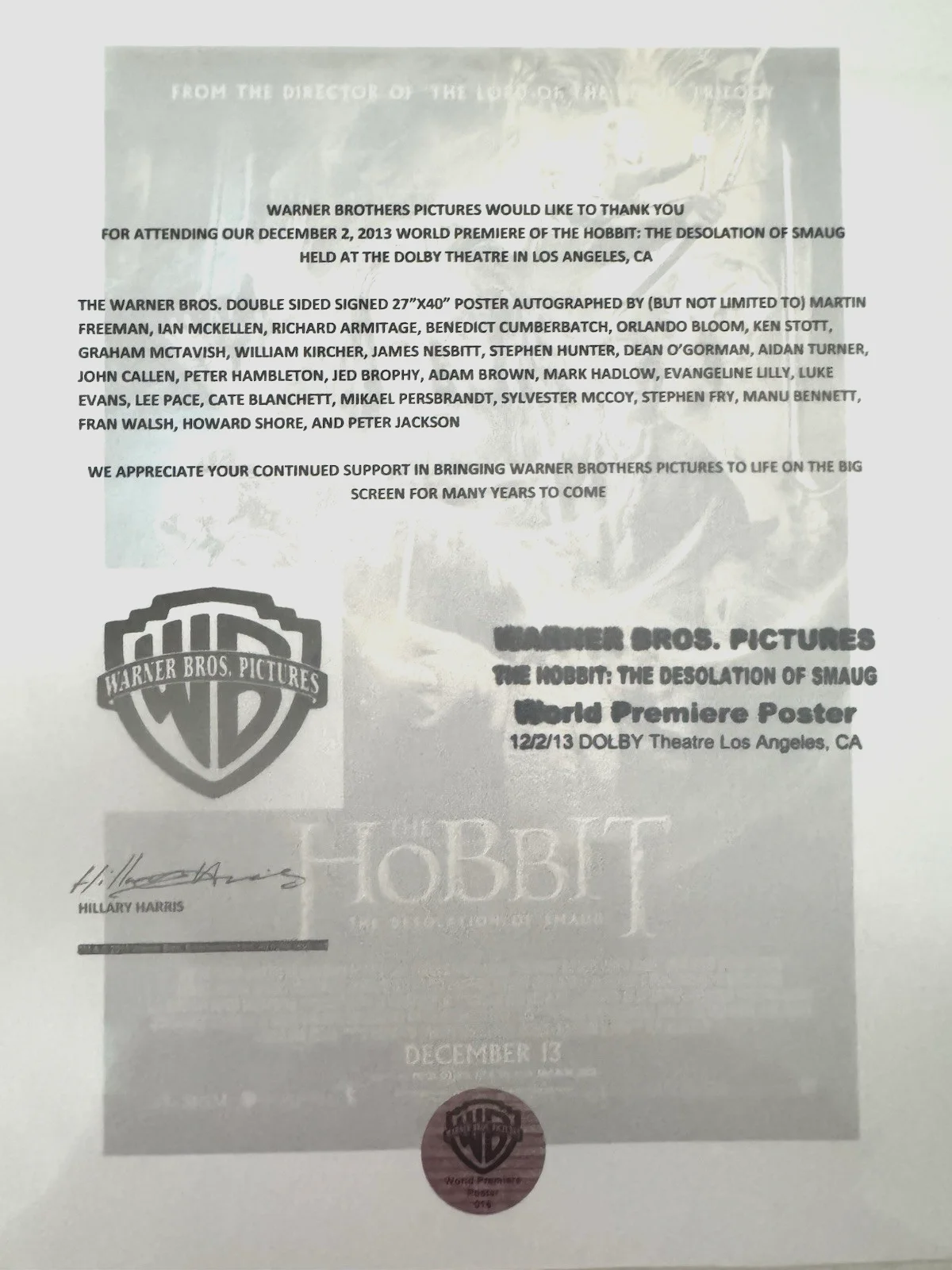 Director Peter Jackson — The Hobbit World Premier Poster RARE VHF Warner Brothers Hologram 28 Sig COA #16, изображение 3