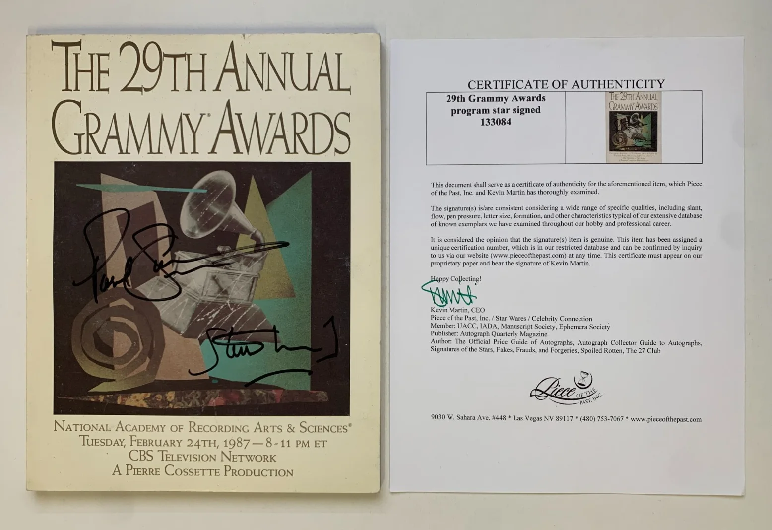 PAUL SIMON & STEVE WINWOOD signed 29th Grammy Awards program, with COA, image 3