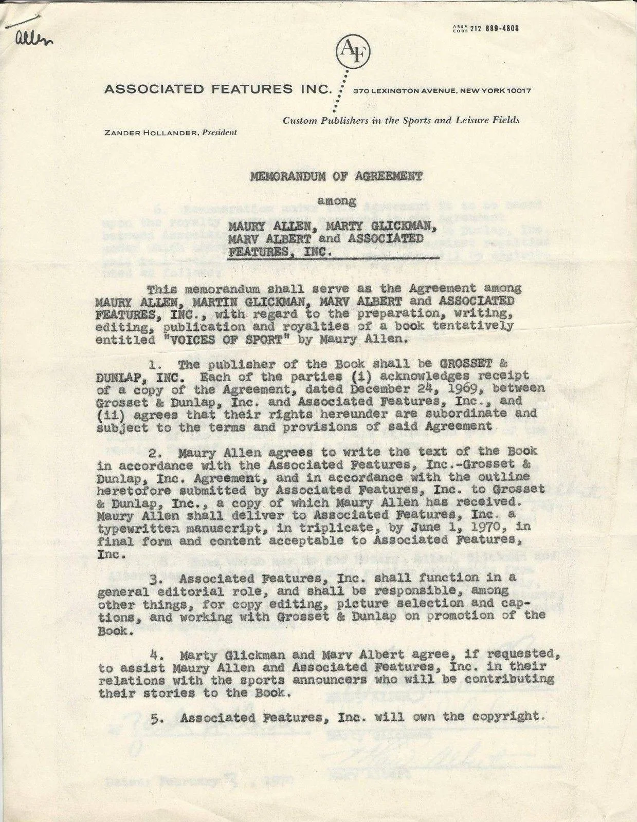 SIGNED 2pg CONTRACT: Marv Albert, Marty Glickman, Maury Allen (VOICES OF SPORT), изображение 2