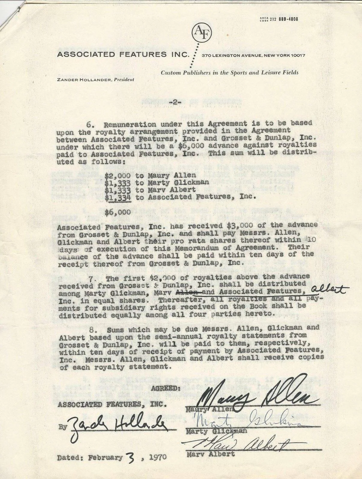 SIGNED 2pg CONTRACT: Marv Albert, Marty Glickman, Maury Allen (VOICES OF SPORT), изображение 3