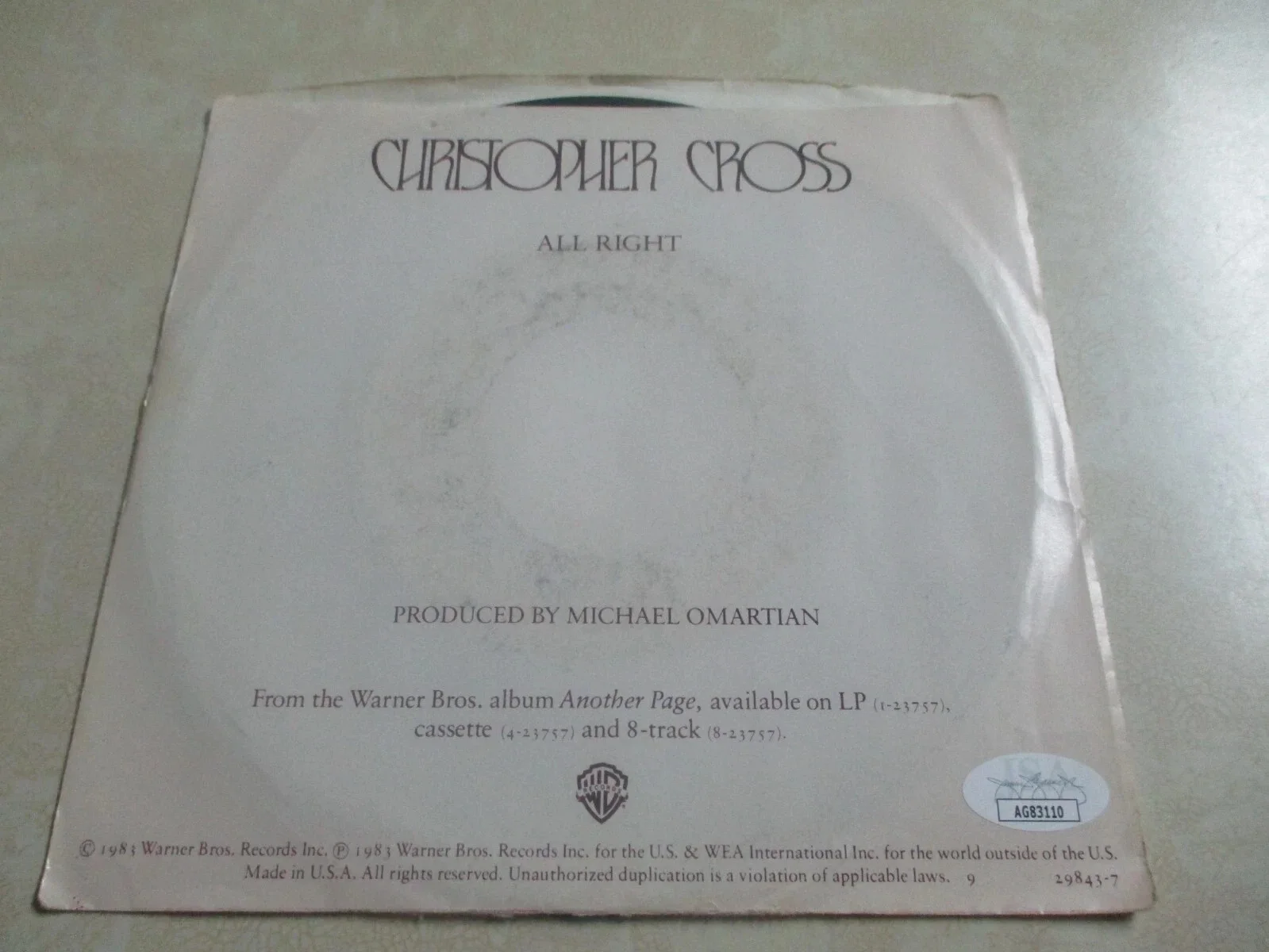 CHRISTOPHER CROSS AUTHENTIC SIGNED/AUTOGRAPHED VINYL 45 RECORD-JSA CERTIFIED, image 3