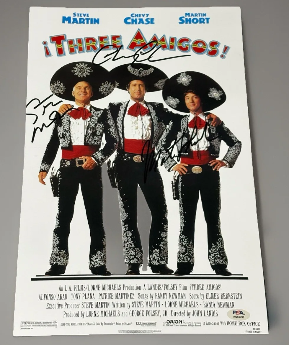 Chevy Chase, Steve Martin, & Martin Short — Three Amigos Signed 12x18 Movie Poster Chevy Chase Steve Martin Short PSA COA