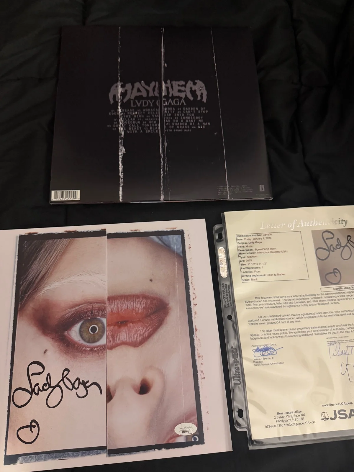 LADY GAGA SIGNED MAYHEM VINYL INSERT WITH JSA COA RECORD, image 2