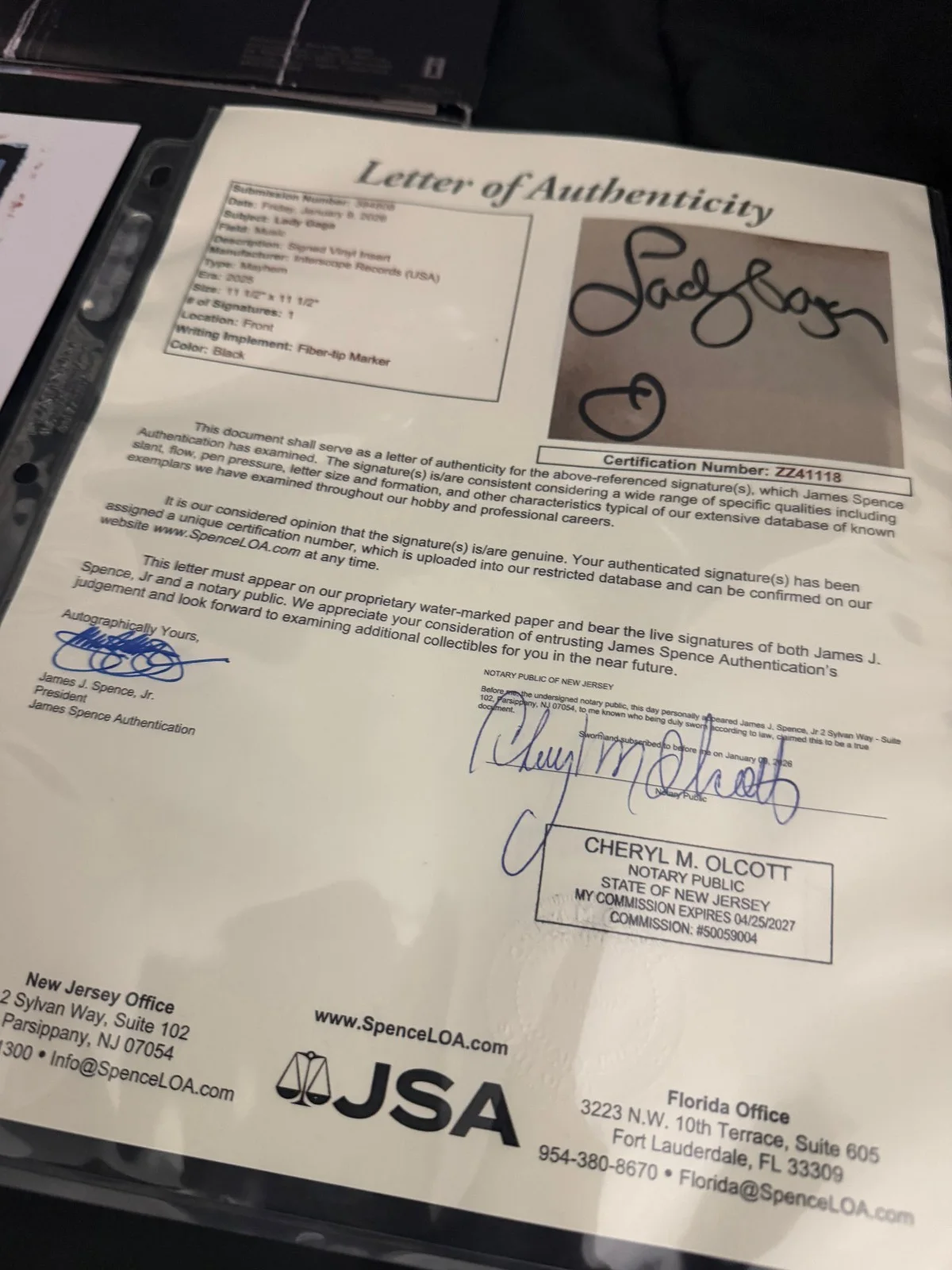 LADY GAGA SIGNED MAYHEM VINYL INSERT WITH JSA COA RECORD, image 5