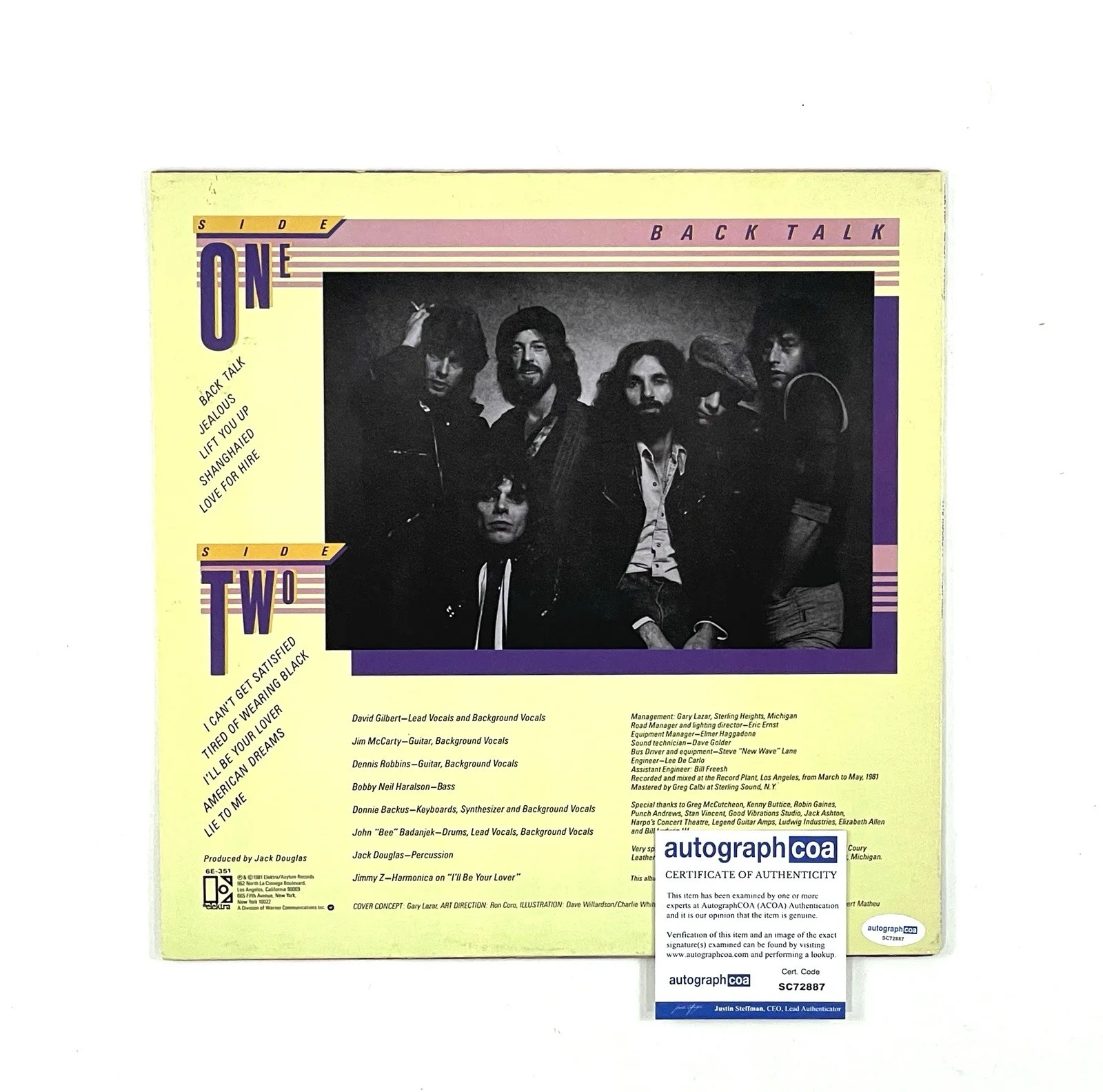 The Rockets Signed Back Talk Vinyl Record Album Jim McCarty Autographed ACOA, изображение 4