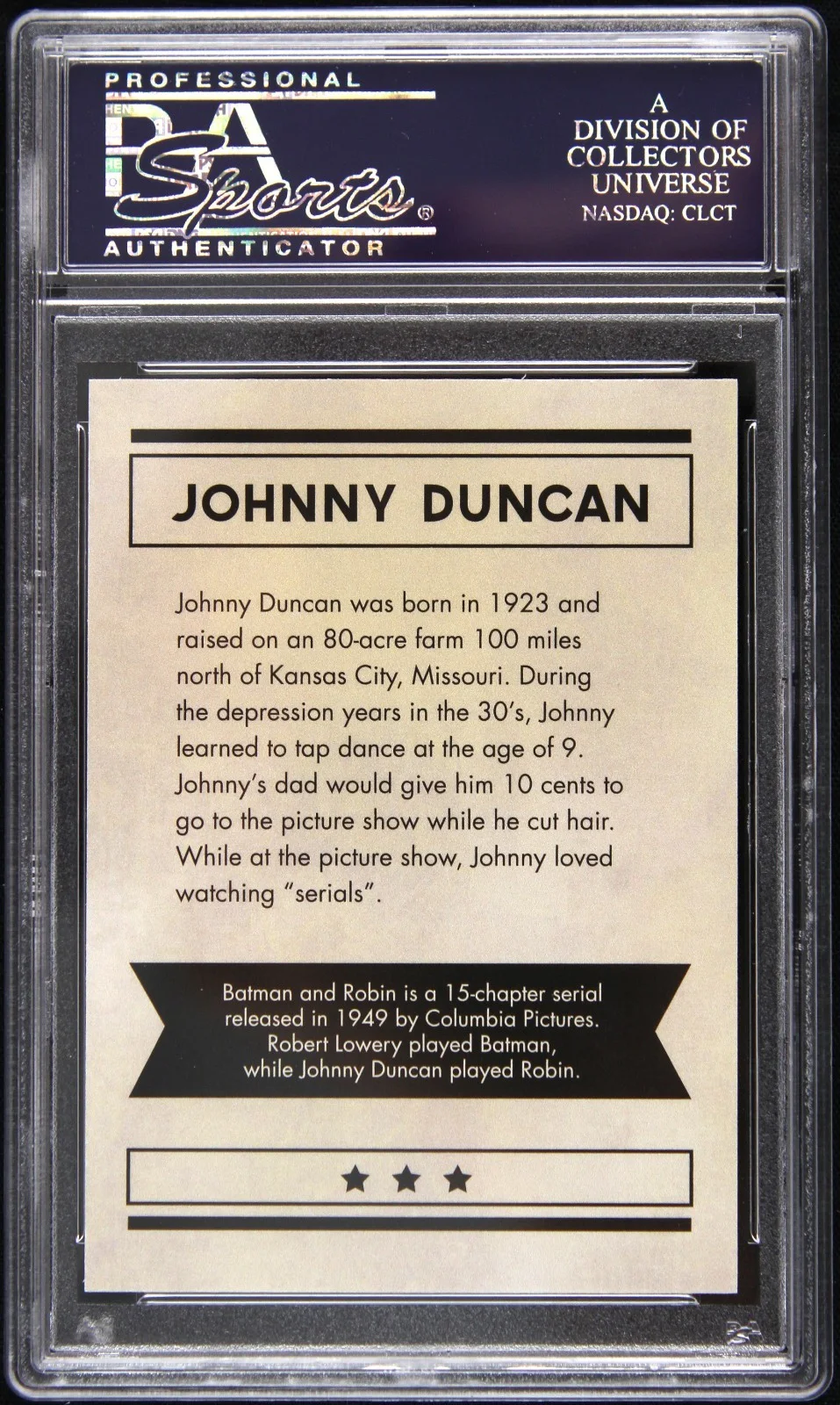 1949 Batman & Robin Johnny Duncan Signed Card (PSA/DNA Slabbed), image 2