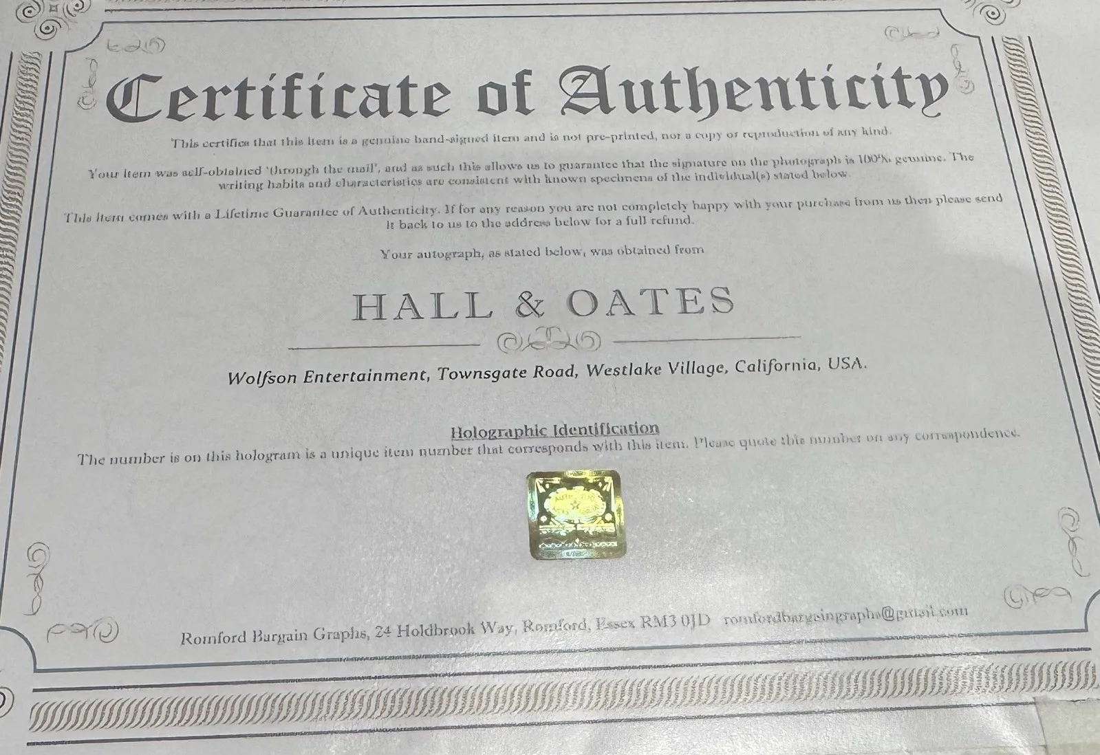 Hall and Oates (Daryl John)Framed Hand Signed Autograph Photo+COA Certificate., image 3