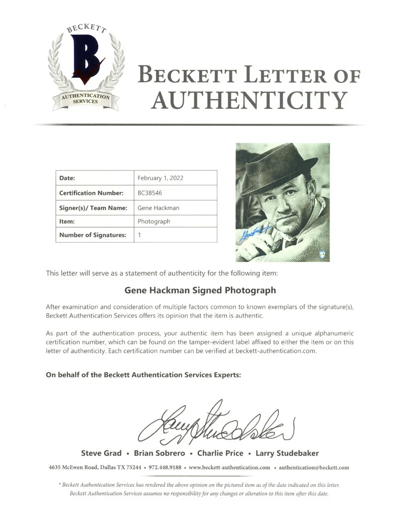 GENE HACKMAN SIGNED 11x14 PHOTO POPEYE DOYLE THE FRENCH CONNECTION BECKETT BAS, image 3