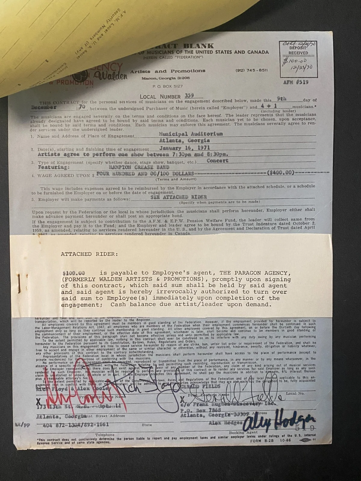 RARE 1970 Hampton Grease Band signed contract (opening for Allmans) FINAL PRICE, изображение 2