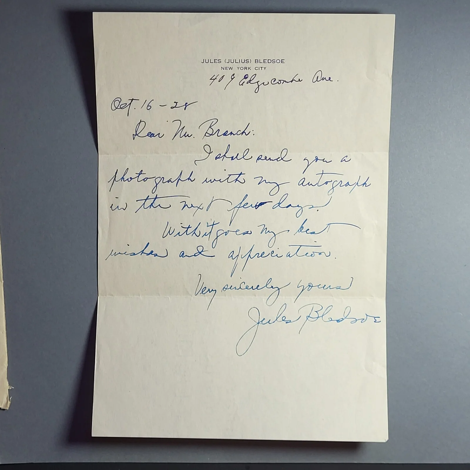 Hand written & Signed Letter from Jules Bledsoe - Famous American Opera Signer, изображение 2