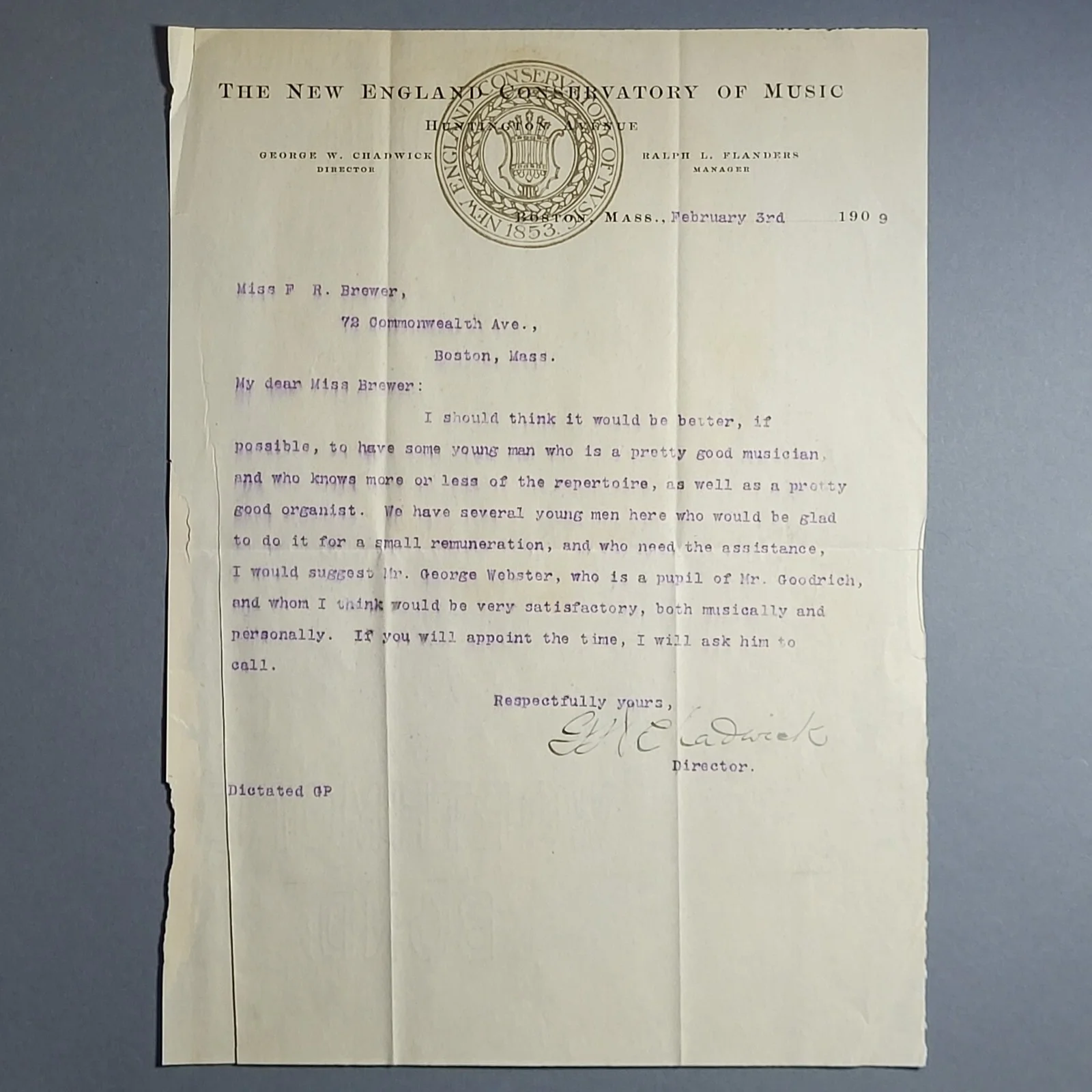 George W Chadwick Signed Letter w postmarked envelope, hand written music - 1909, image 2