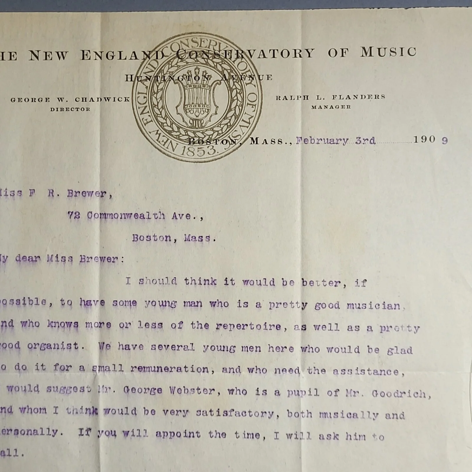 George W Chadwick Signed Letter w postmarked envelope, hand written music - 1909, image 3