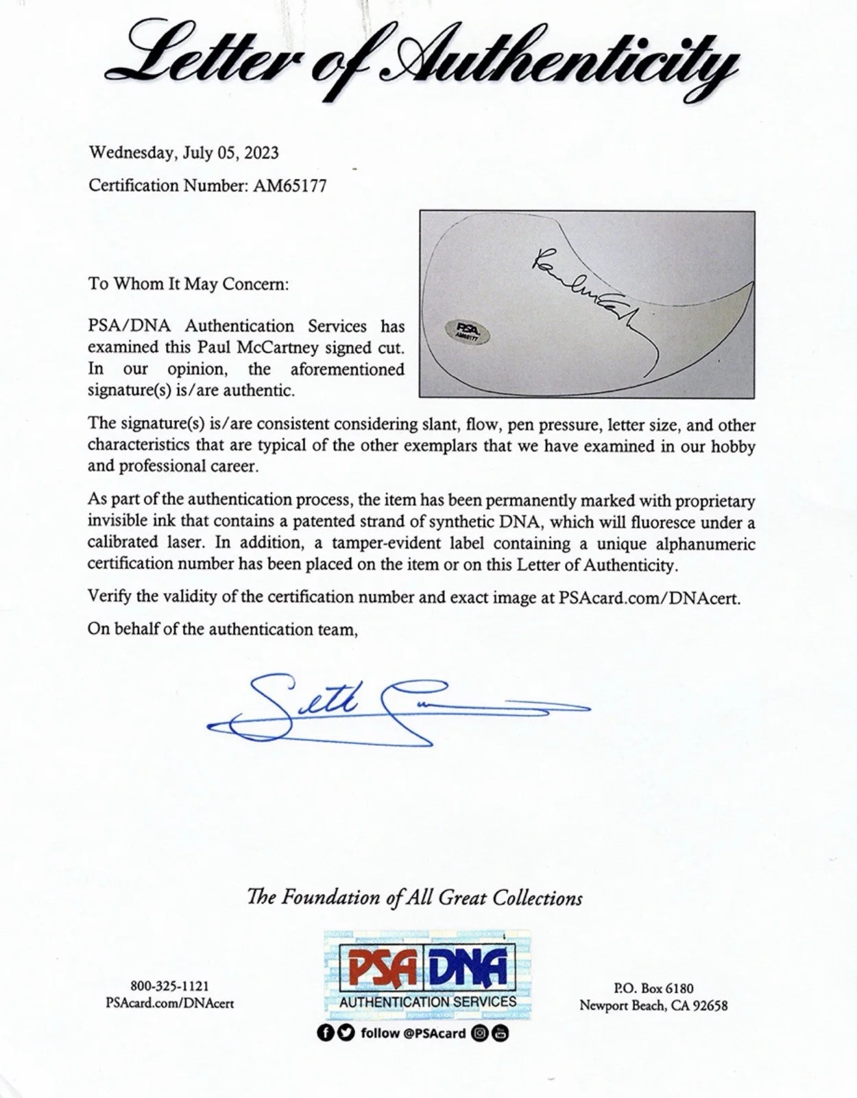 The Beatles Paul McCartney Signed Acoustic Guitar PSA/DNA Full COA Letter, image 3