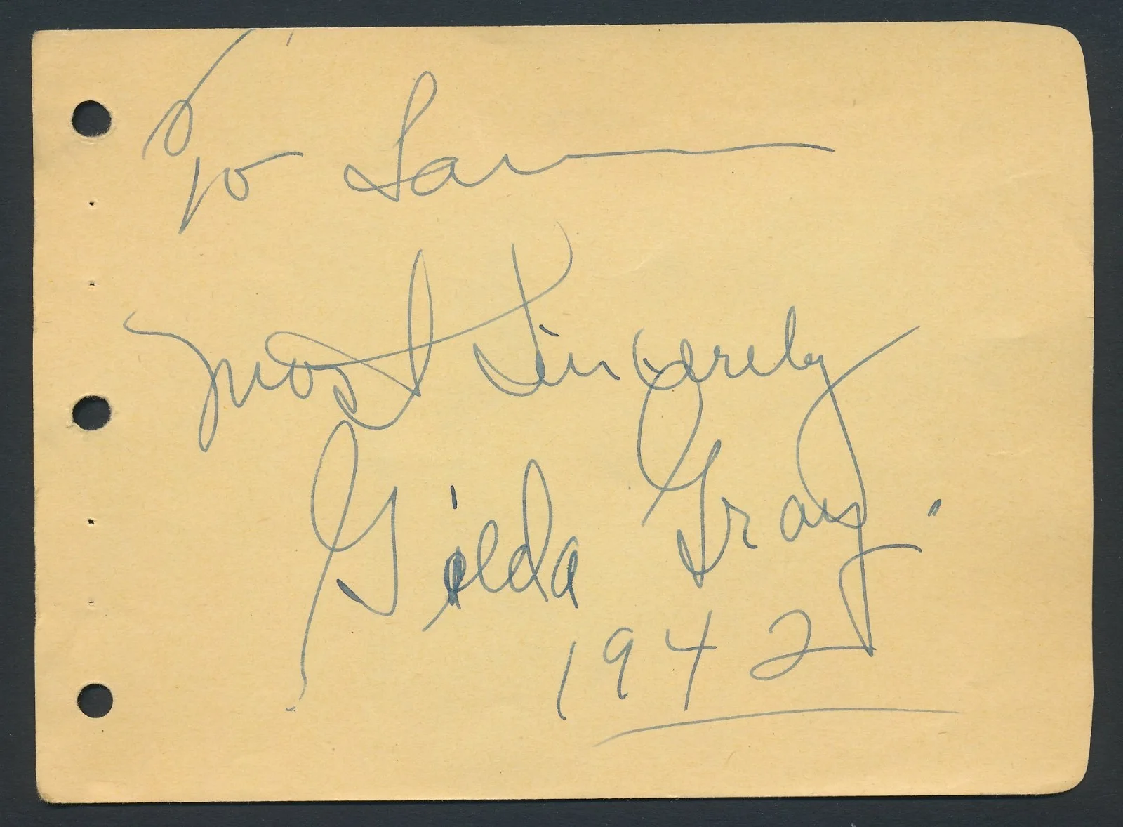 Gilda Gray - 1942 Signed Album Page - Autograph - Dancer & Actor - d. 1959, image 2