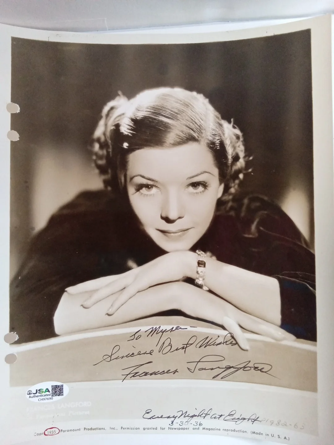 Frances Langford Signed 8x10 Photo WWII USP Singer JSA, image 2