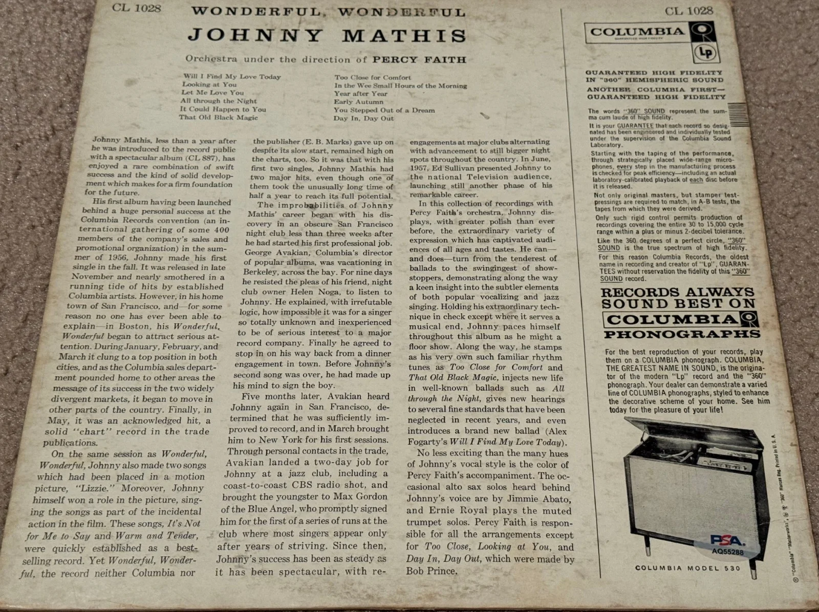 JOHNNY MATHIS SIGNED WONDERFUL WONDERFUL VINYL LP PSA/DNA CERTIFICATION, image 2
