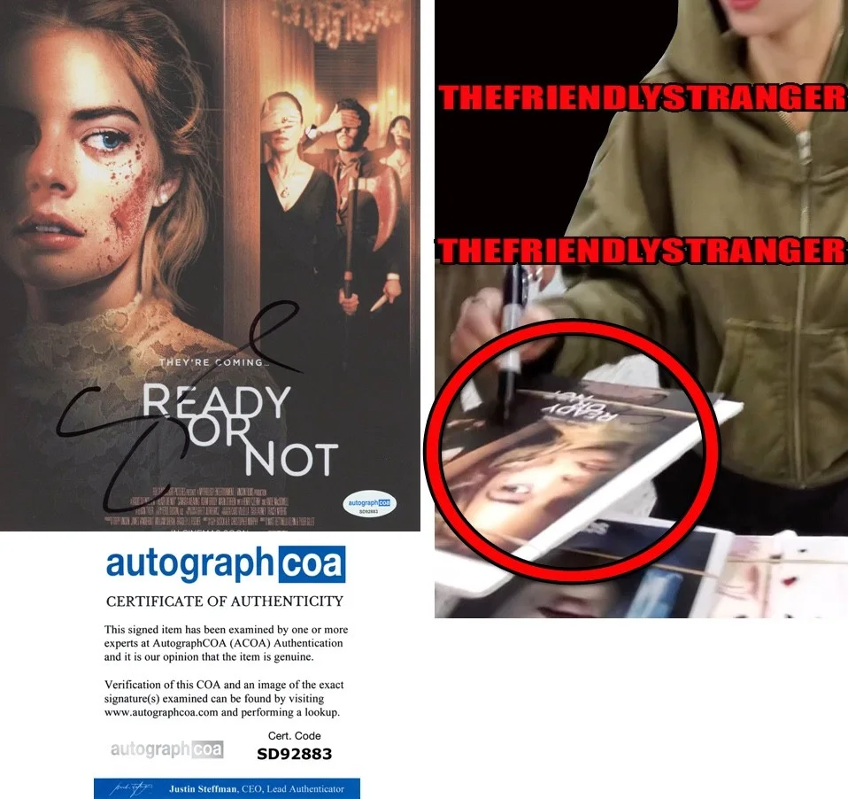 SAMARA WEAVING — Samara Weaving signed "READY OR NOT" 8x10 Photo EXACT PROOF e SEXY Hot ACOA COA