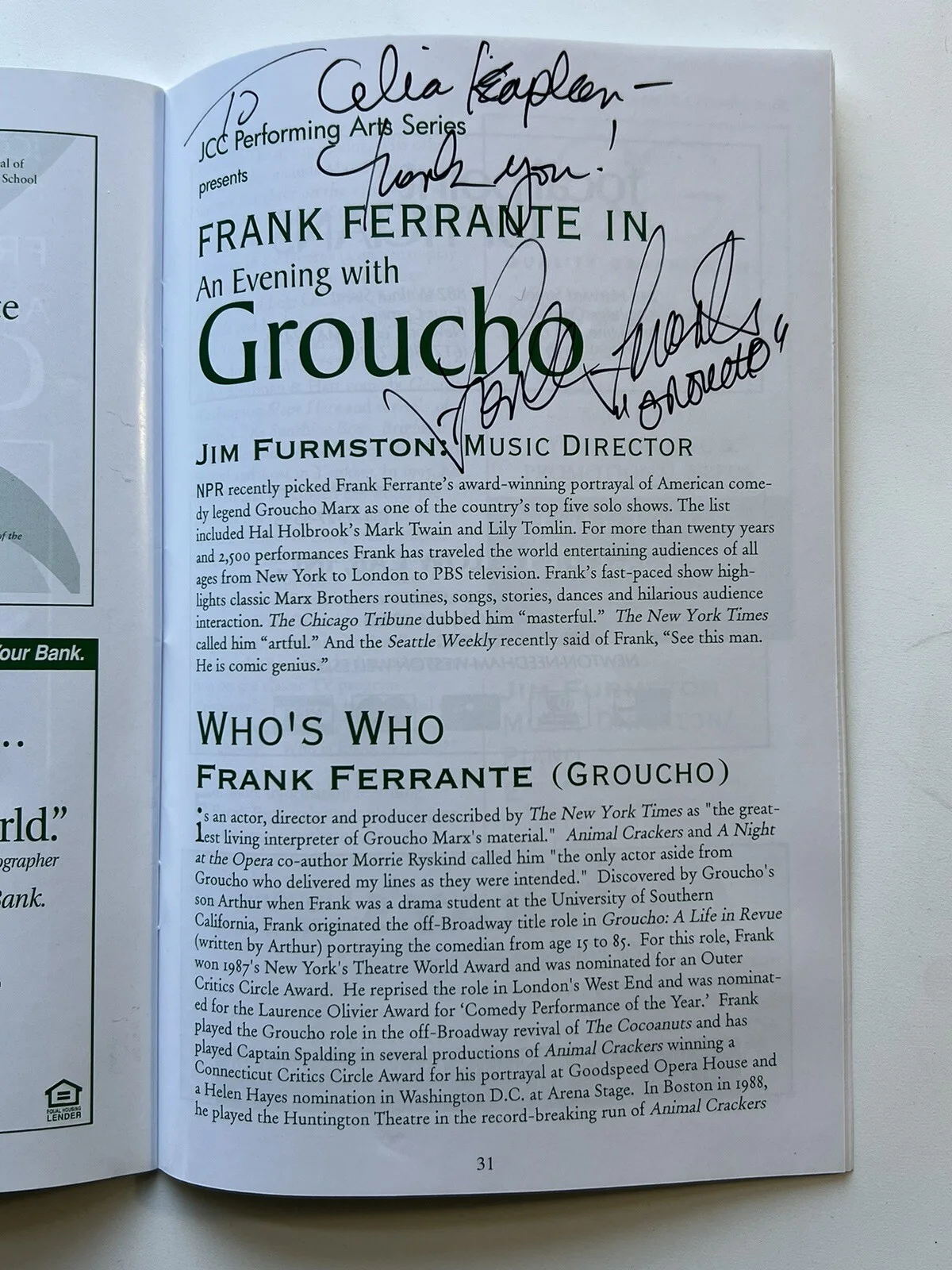 Frank Ferrante — Frank Ferrante: An Evening with Groucho Marx Autographed 2010 Program MSI, image 2