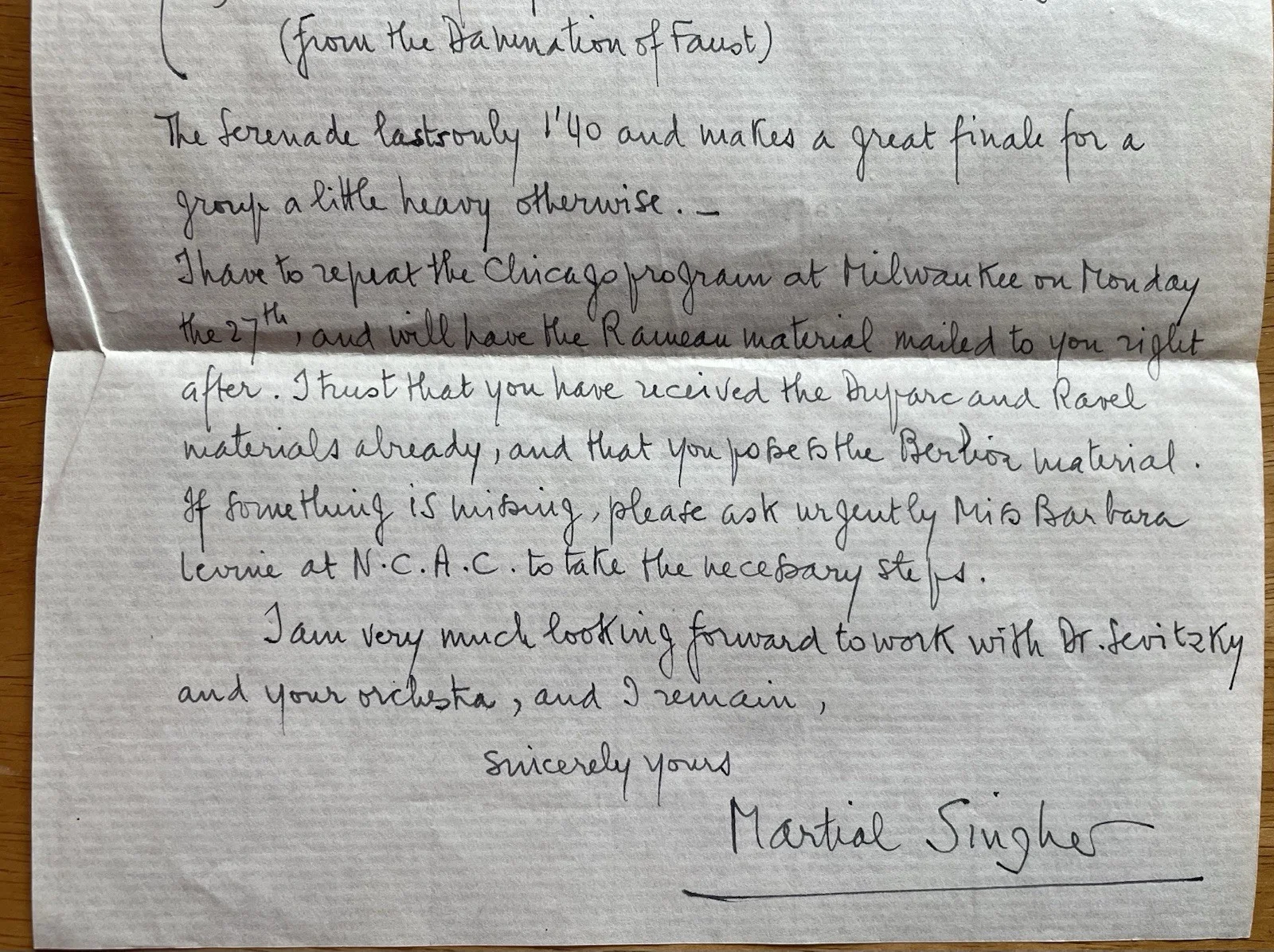 Opera Baritone Martial Singher Autograph Letter To Symphony Manager Harrington, image 2