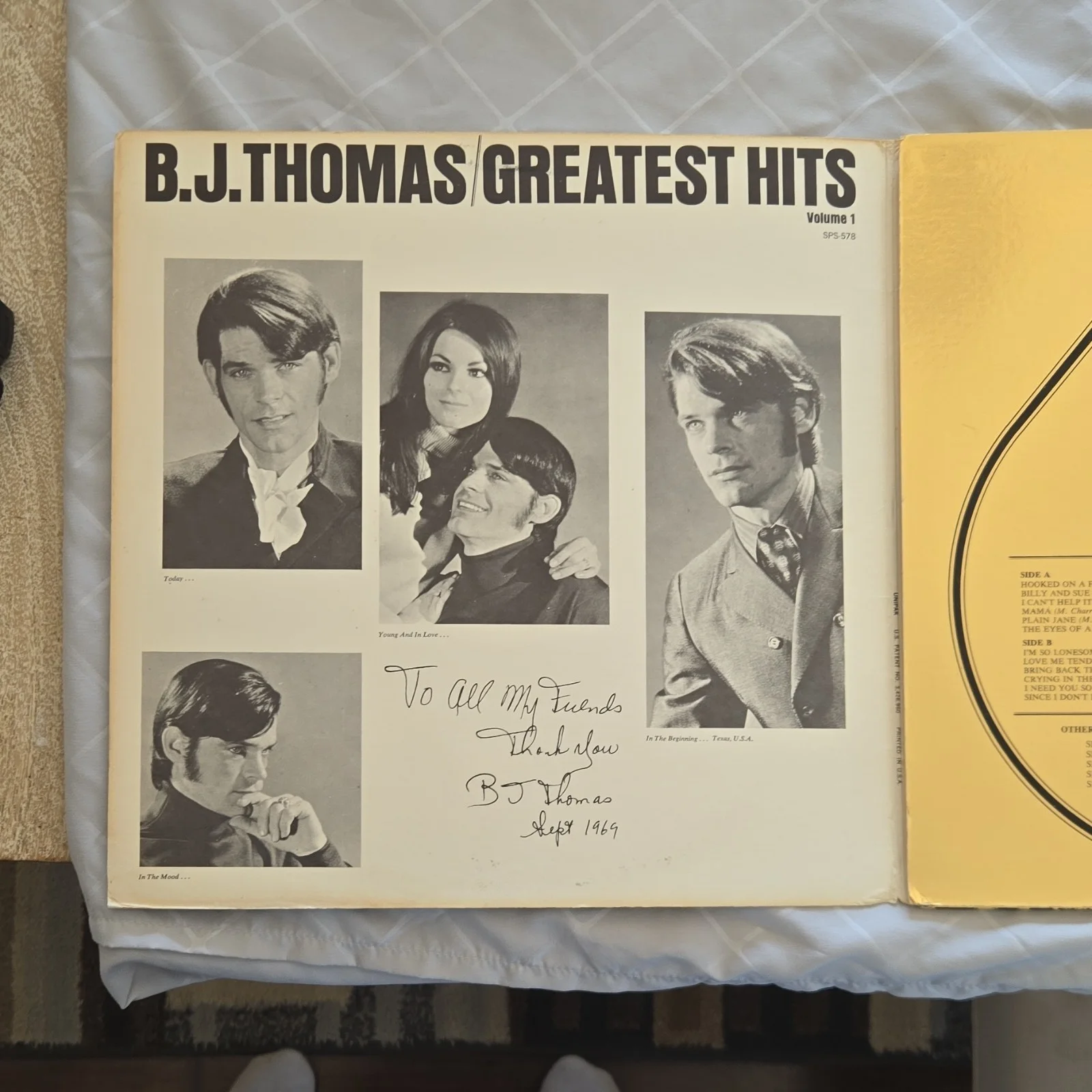 B.J. Thomas Greatest Hits Volume 1 Vinyl Record Scepter Records Autographed, image 2