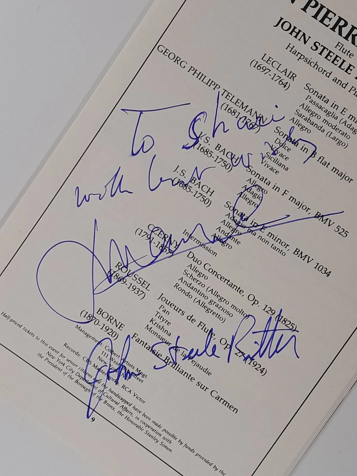 Jean-Pierre Rampal John Steele Ritter Auto Signed Lehman College Concert Program, image 2