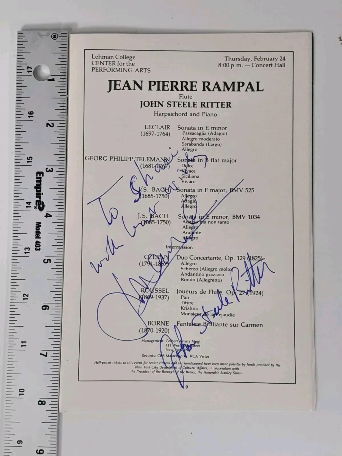 Jean-Pierre Rampal John Steele Ritter Auto Signed Lehman College Concert Program, image 3
