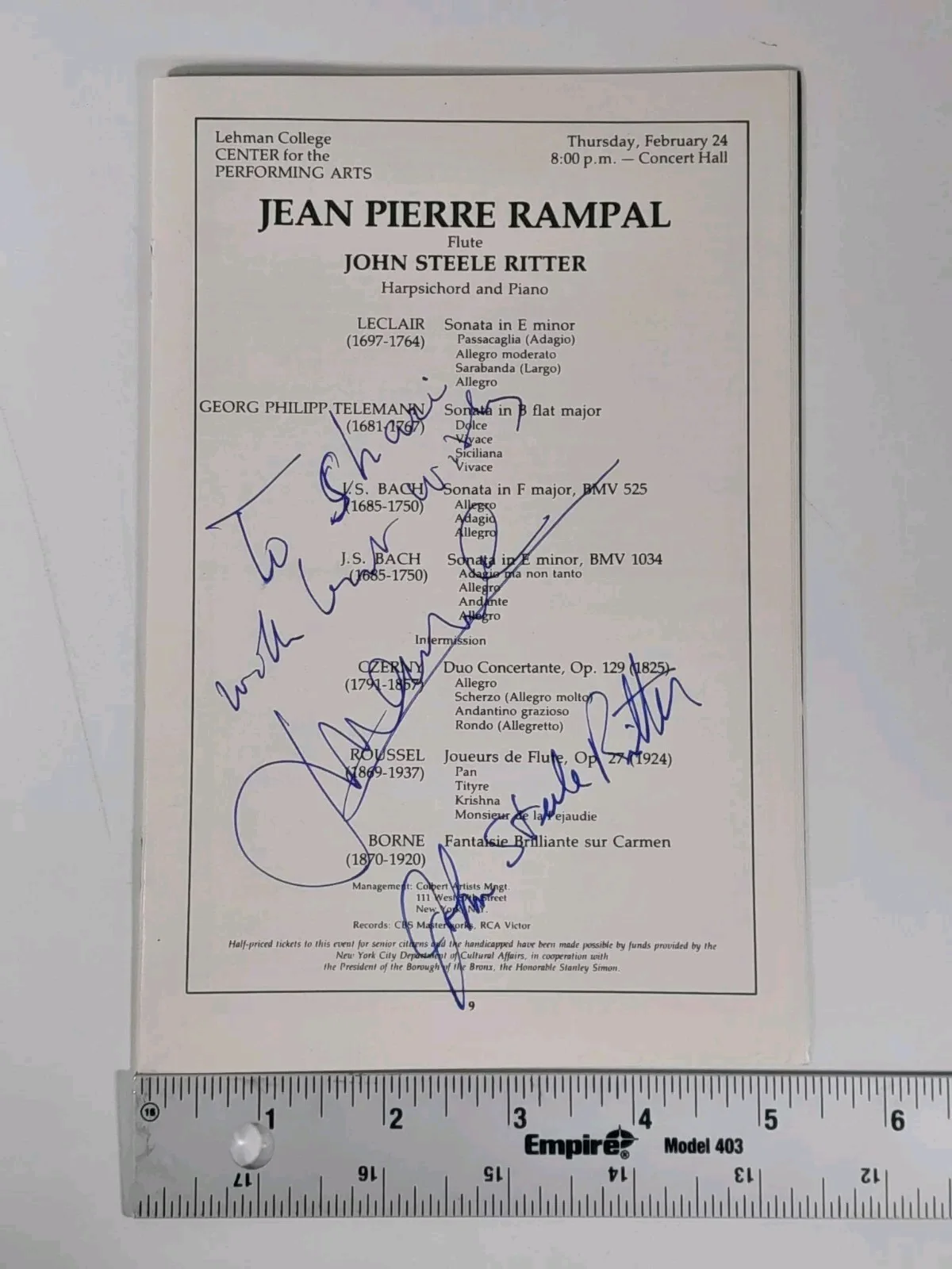 Jean-Pierre Rampal John Steele Ritter Auto Signed Lehman College Concert Program, image 4