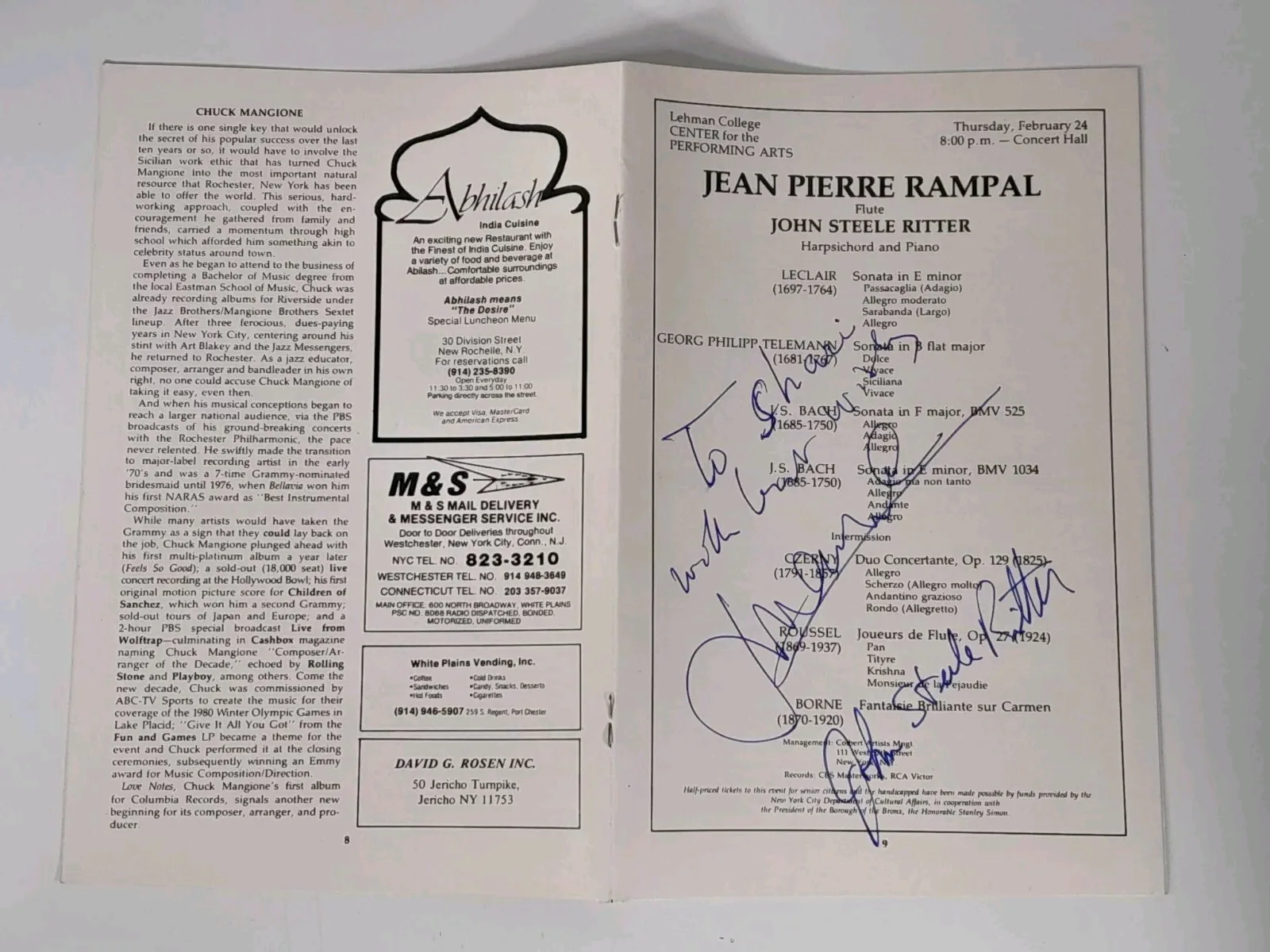 Jean-Pierre Rampal John Steele Ritter Auto Signed Lehman College Concert Program, image 5