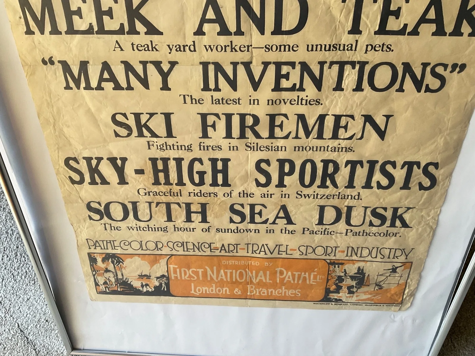 1929 PATHE NEWS CINEMA POSTER, SOUTH SEA DUSK,SKI FIREMEN ETC, изображение 3