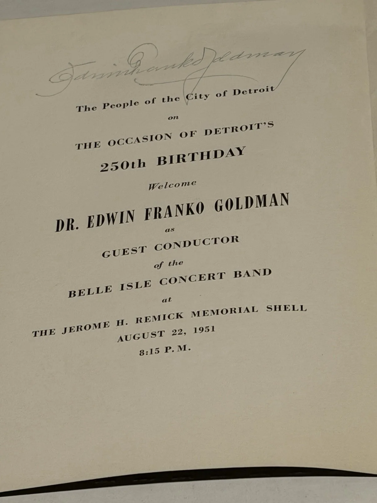 Edwin Franko Goldman American Composer & Conductor Signed Program Detroit 250th, image 2