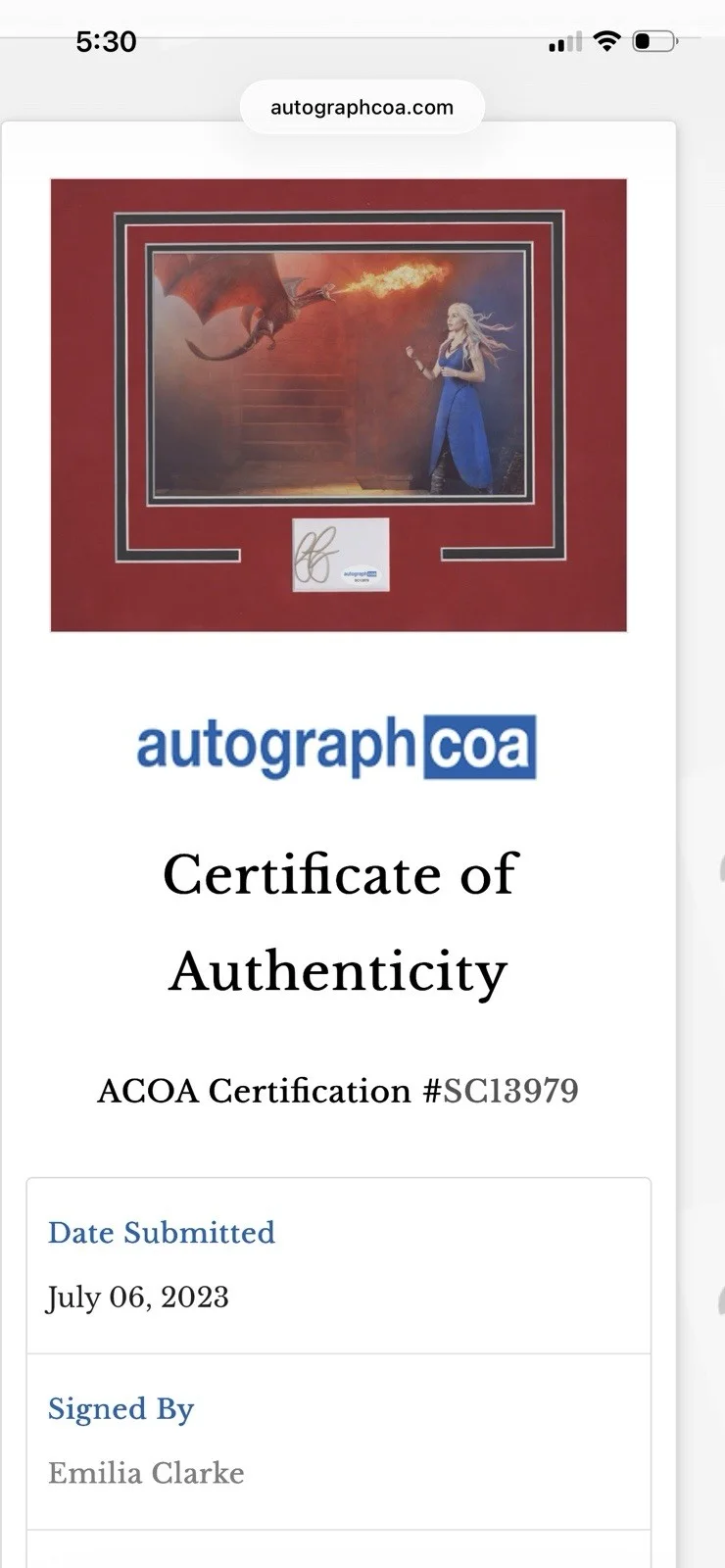 Emilia Clarke — Emilia Clarke Signed Game of Thrones Photo Dragon Scene ACOA Authenticated, изображение 3