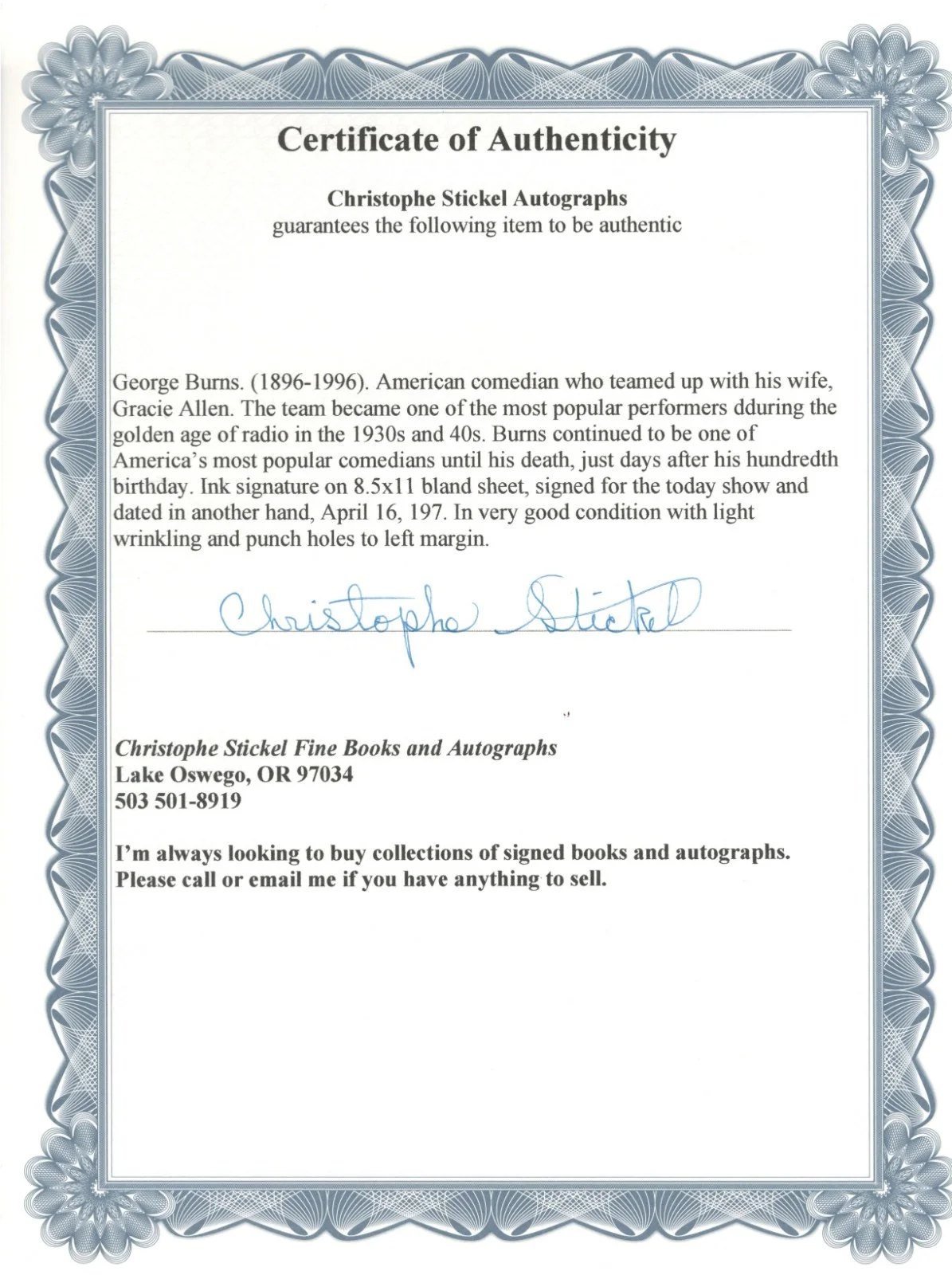 George Burns. Legendary comedian. Signed 8.5x11 sheet of paper. COA, image 3