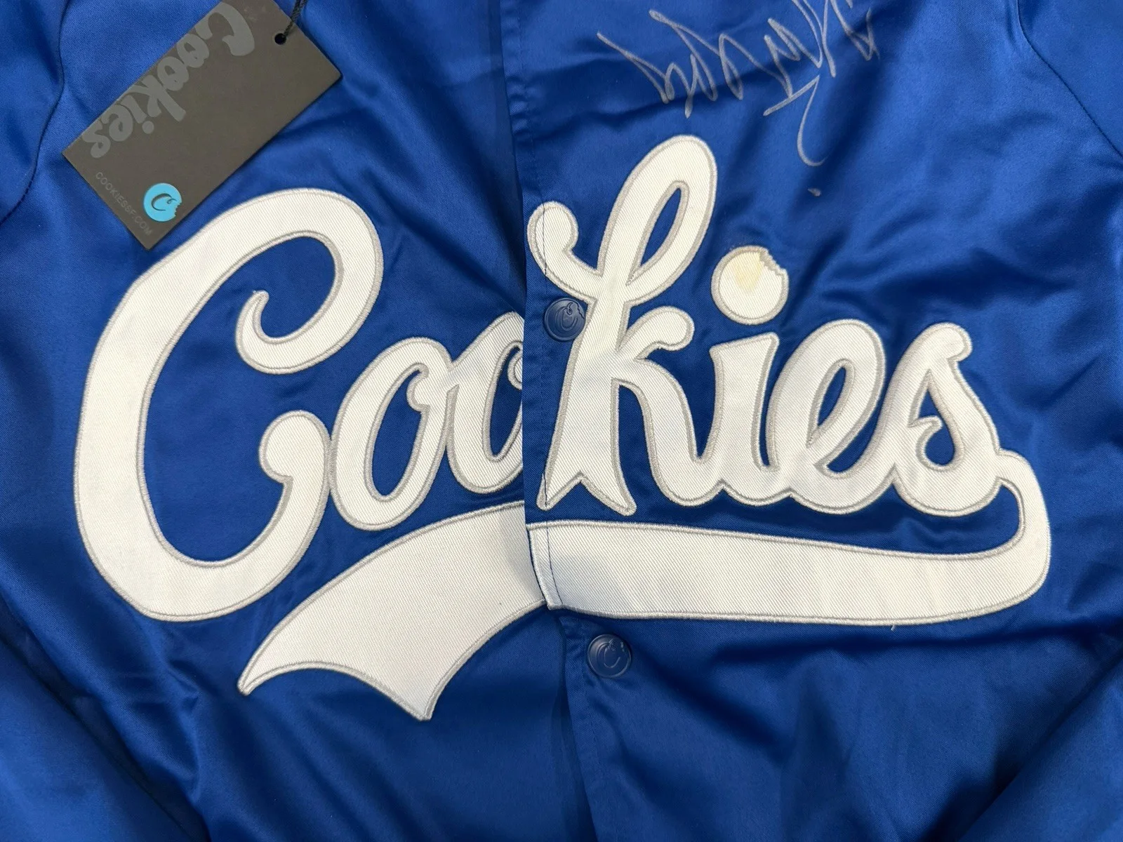 Berner Signed Autographed Cookies SF Satin Varsity Jacket Blue NWT Large RARE!, image 4