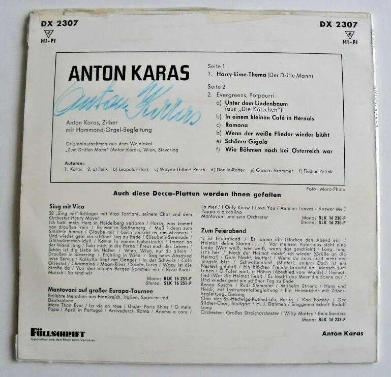 Anton Karas Autograph Signature Signed The Third Man 1960s 7" Record Cover Only, image 2