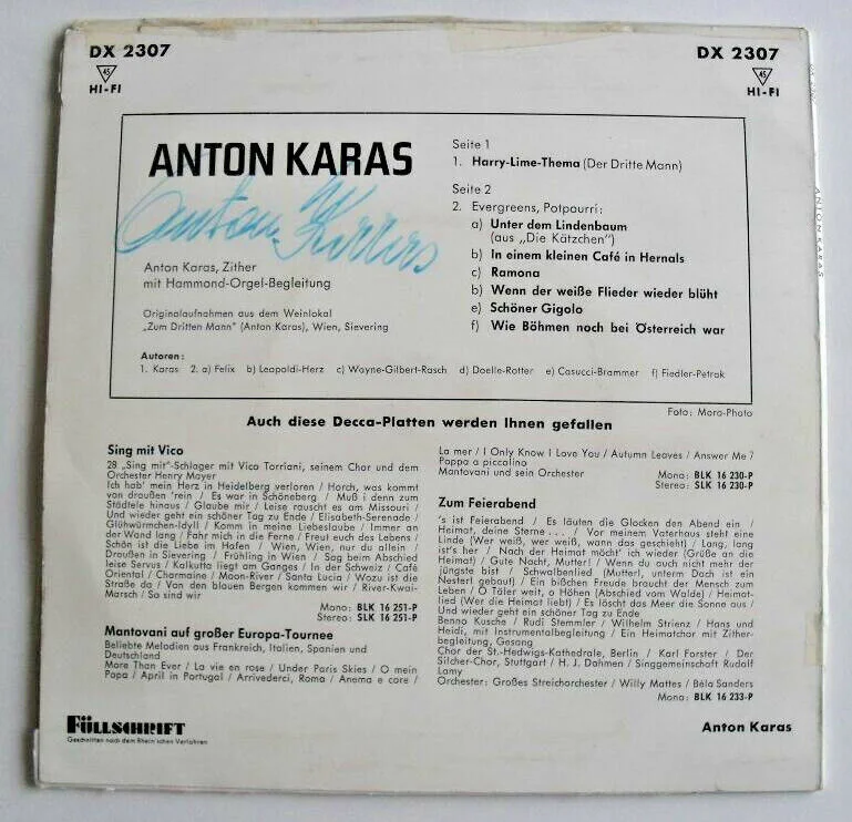 Anton Karas Autograph Signature Signed The Third Man 1960s 7" Record Cover Only, image 4