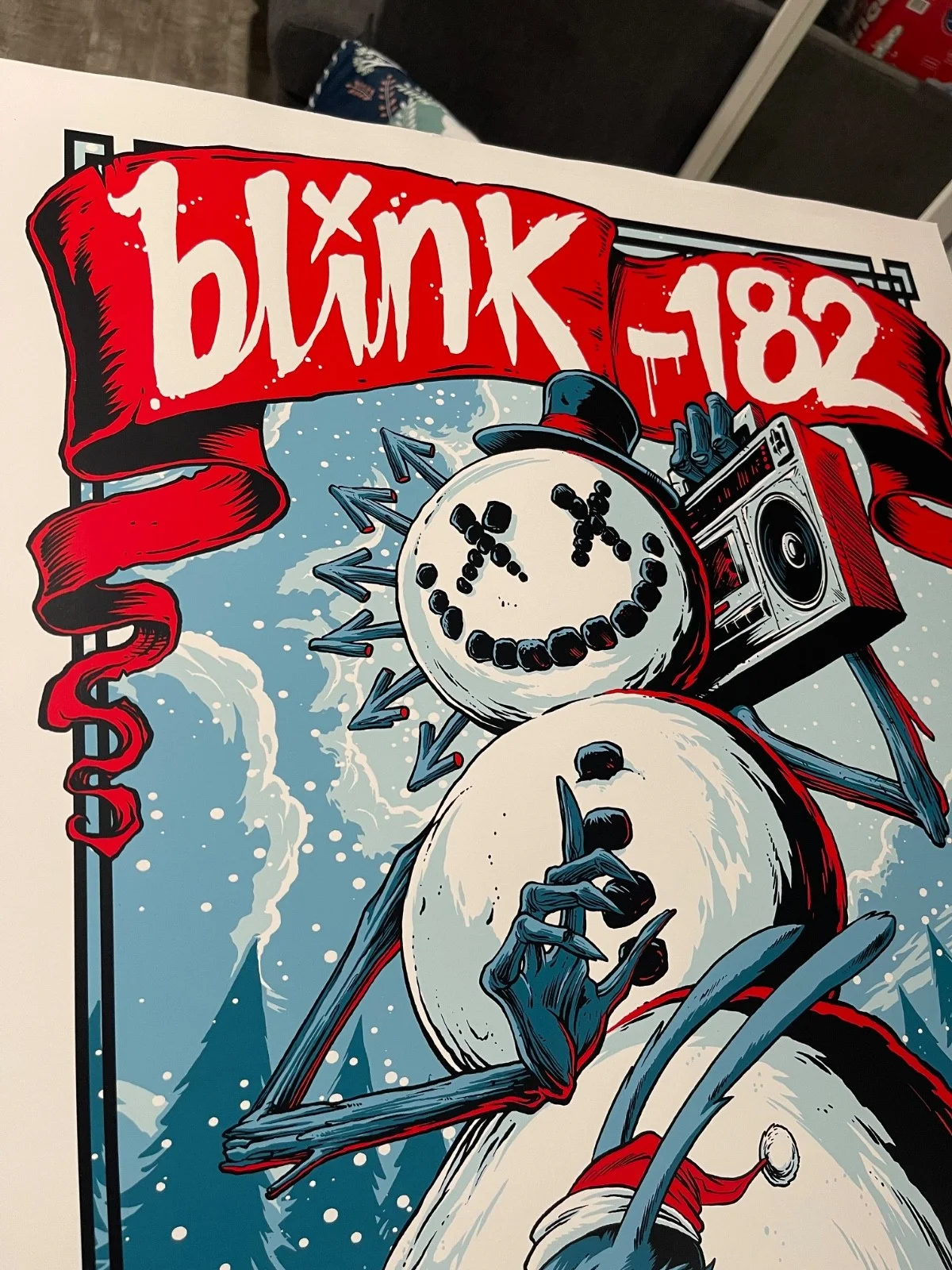 Travis Barker, Tom DeLonge, Mark Hoppus — BLINK-182 MERRY XMAS 2013 Poster Signed by Travis, Mark and Tom, image 2
