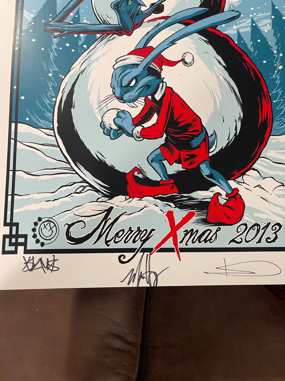 Travis Barker, Tom DeLonge, Mark Hoppus — BLINK-182 MERRY XMAS 2013 Poster Signed by Travis, Mark and Tom, image 3
