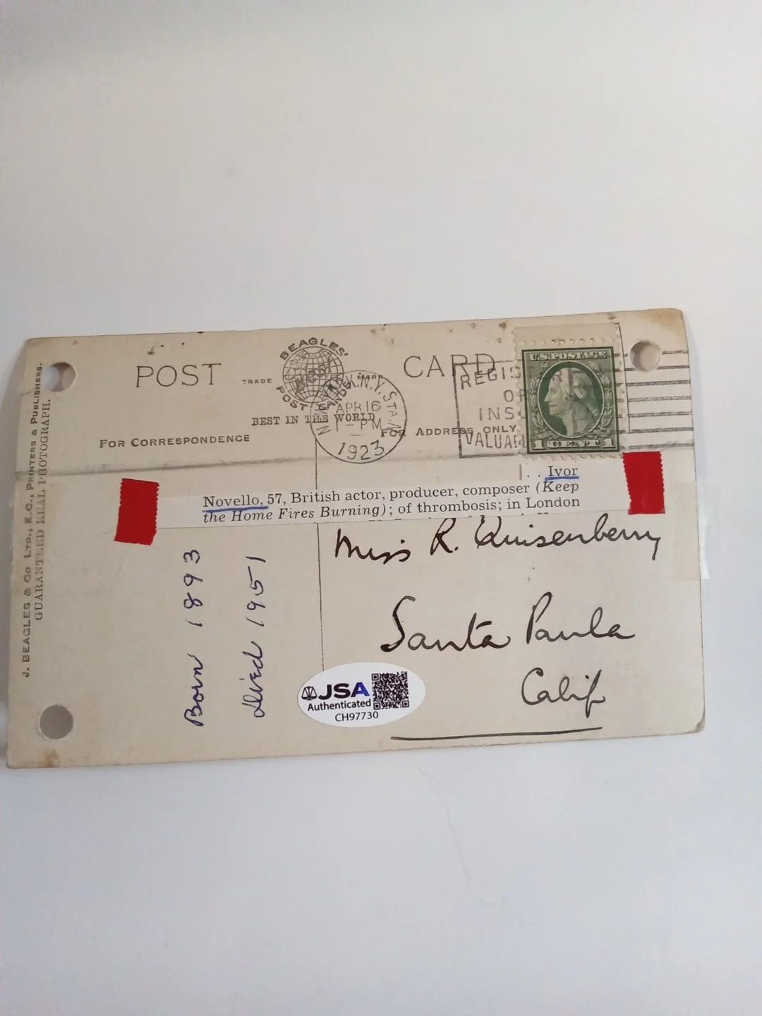 Ivor Novello Signed Photo Postcard Silent Film Legend JSA, изображение 3